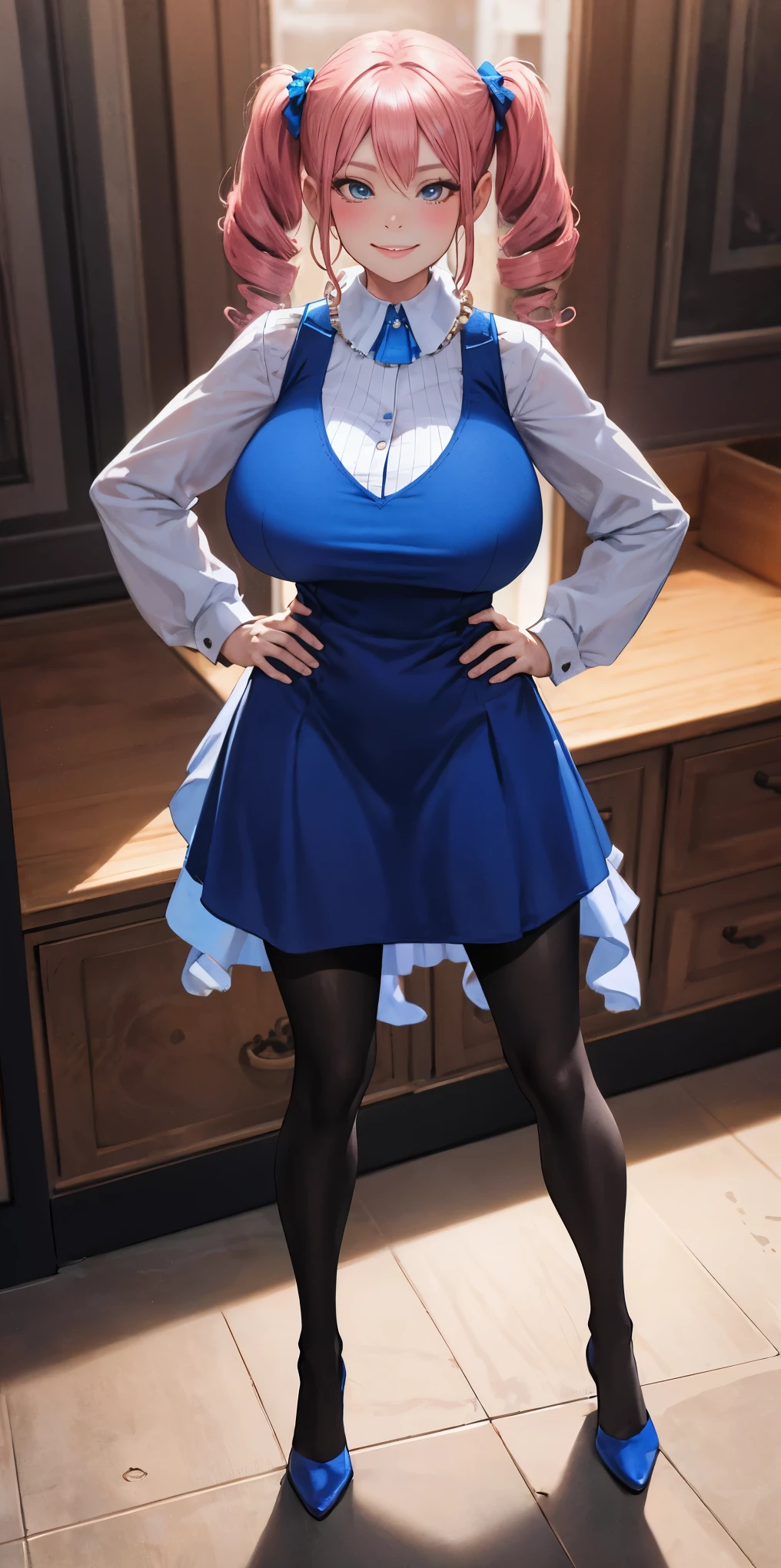 full body standing straight symmetrical, huge boob, cowboy shot, solo, 1MILF, mmplatz, smile, looking at viewer, hands on hips, twintails, twin drills, dress, blue pantyhose, striped pantyhose, Handcuffs on their hands, With a collar around the neck