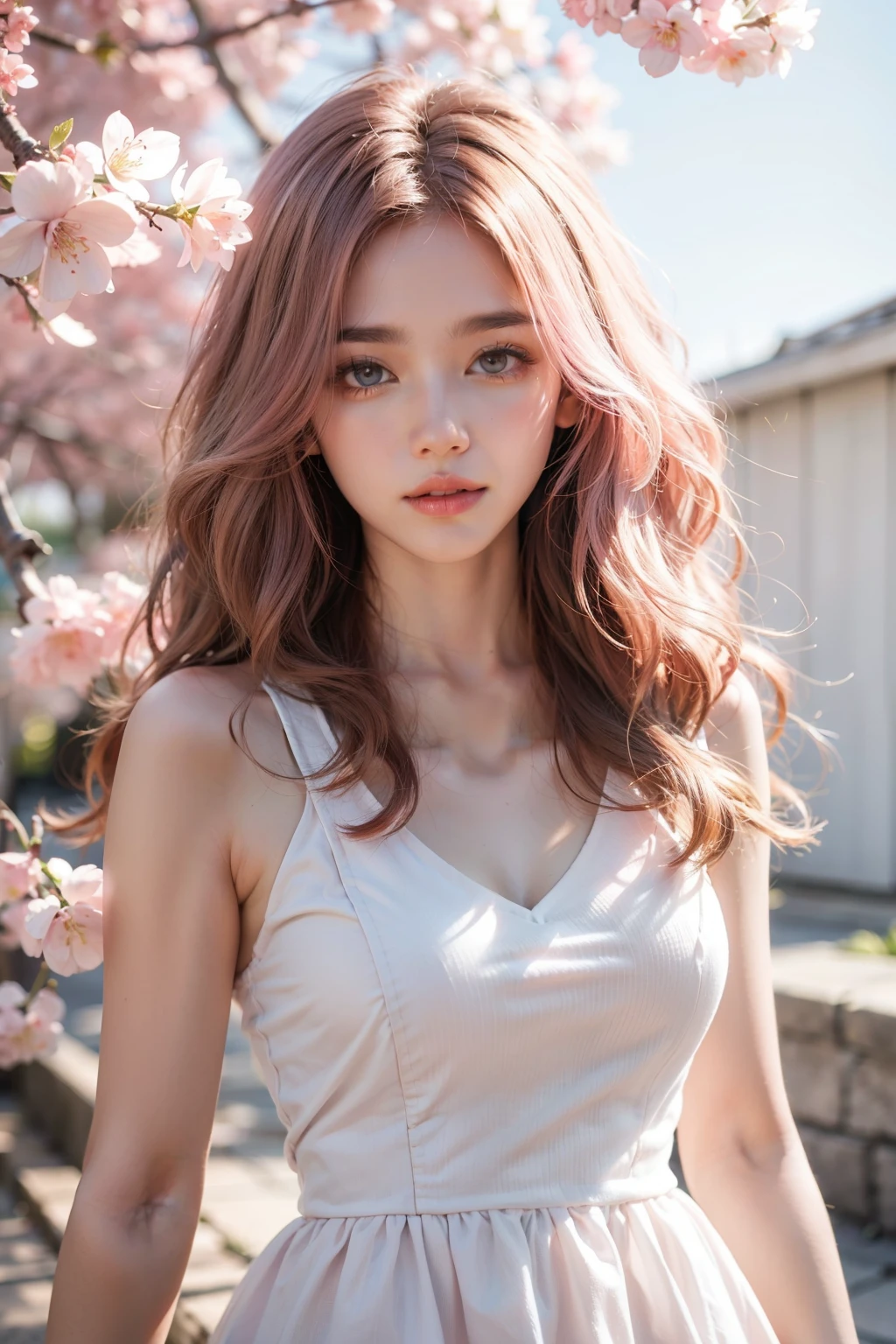 light pink hair, pink eyes, pink and white, cherry blossom leaves, Bright colors, white dress, paint splashes, simple background, ray tracing, wavy hair