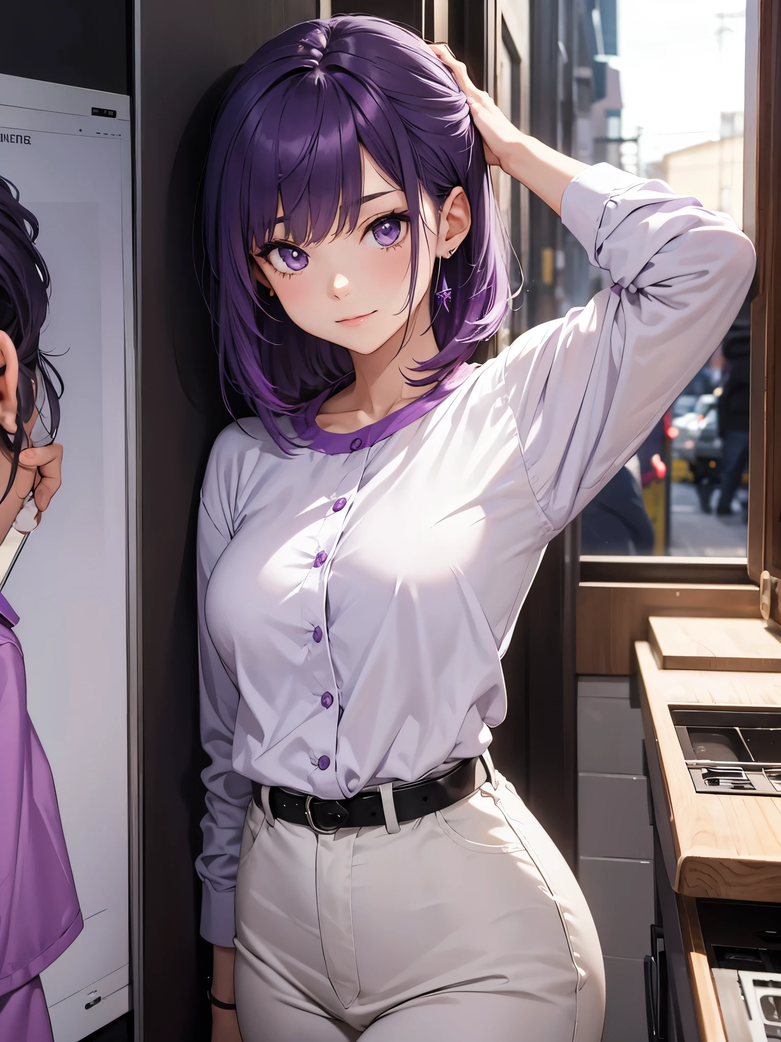A mature girl, purple hair