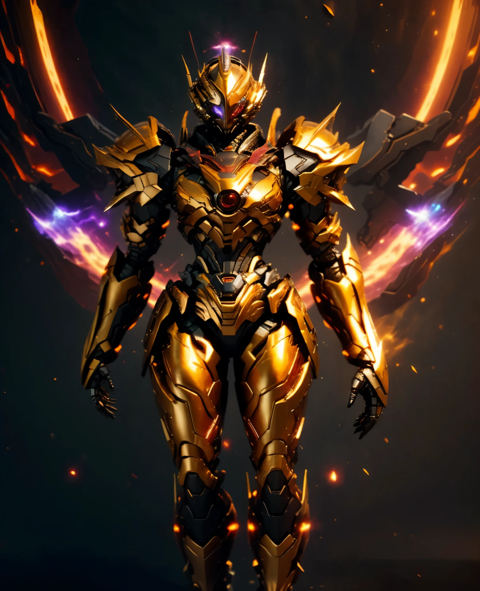 A woman adorned in fantasy-style full-body armor, a crown-concept fully enclosed helmet that unveils only her eyes, a composite layered chest plate, fully encompassing shoulder and hand guards, a lightweight waist armor, form-fitting shin guards, the overall design is heavy-duty yet flexible, (the armor gleams with a golden glow, complemented by red and blue accents), exhibiting a noble aura, she floats above a fantasy-surreal high-tech city, this character embodies a finely crafted fantasy-surreal style armored hero in anime style, exquisite and mature manga art style, (Queen Bee Concept Armor, blood), ((plasma, bio mecha, long legs, elegant, goddess, femminine:1.5)), metallic, high definition, best quality, highres, ultra-detailed, ultra-fine painting, extremely delicate, professional, anatomically correct, symmetrical face, extremely detailed eyes and face, high quality eyes, creativity, RAW photo, UHD, 32k, Natural light, cinematic lighting, masterpiece-anatomy-perfect, masterpiece:1.5