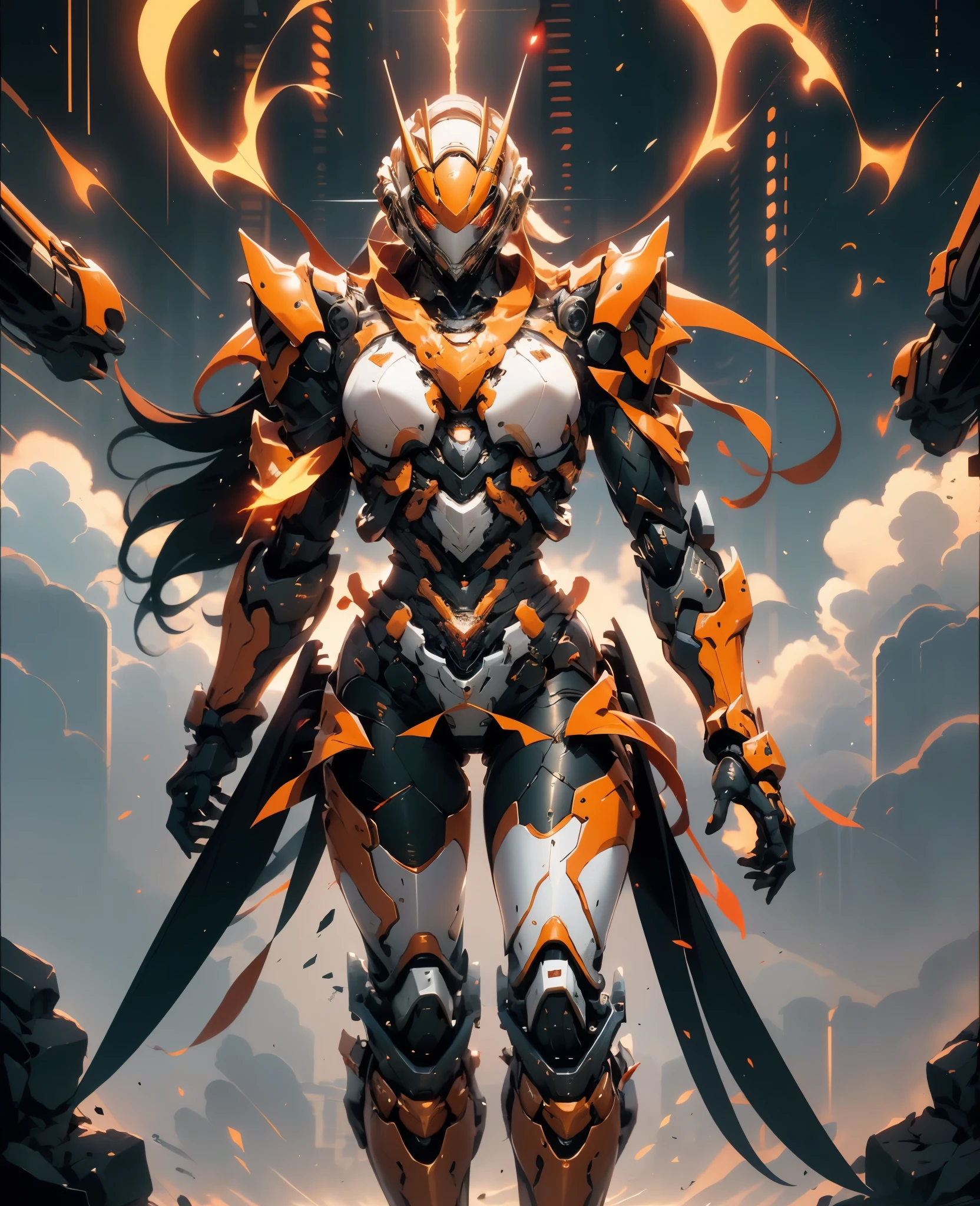 A woman adorned in fantasy-style full-body armor, a crown-concept fully enclosed helmet that unveils only her eyes, a composite layered chest plate, fully encompassing shoulder and hand guards, a lightweight waist armor, form-fitting shin guards, the overall design is heavy-duty yet flexible, (the armor gleams with a golden glow, complemented by red and blue accents), exhibiting a noble aura, she floats above a fantasy-surreal high-tech city, this character embodies a finely crafted fantasy-surreal style armored hero in anime style, exquisite and mature manga art style, (Queen Bee Concept Armor, blood), ((plasma, bio mecha, long legs, elegant, goddess, femminine:1.5)), metallic, high definition, best quality, highres, ultra-detailed, ultra-fine painting, extremely delicate, professional, anatomically correct, symmetrical face, extremely detailed eyes and face, high quality eyes, creativity, RAW photo, UHD, 32k, Natural light, cinematic lighting, masterpiece-anatomy-perfect, masterpiece:1.5