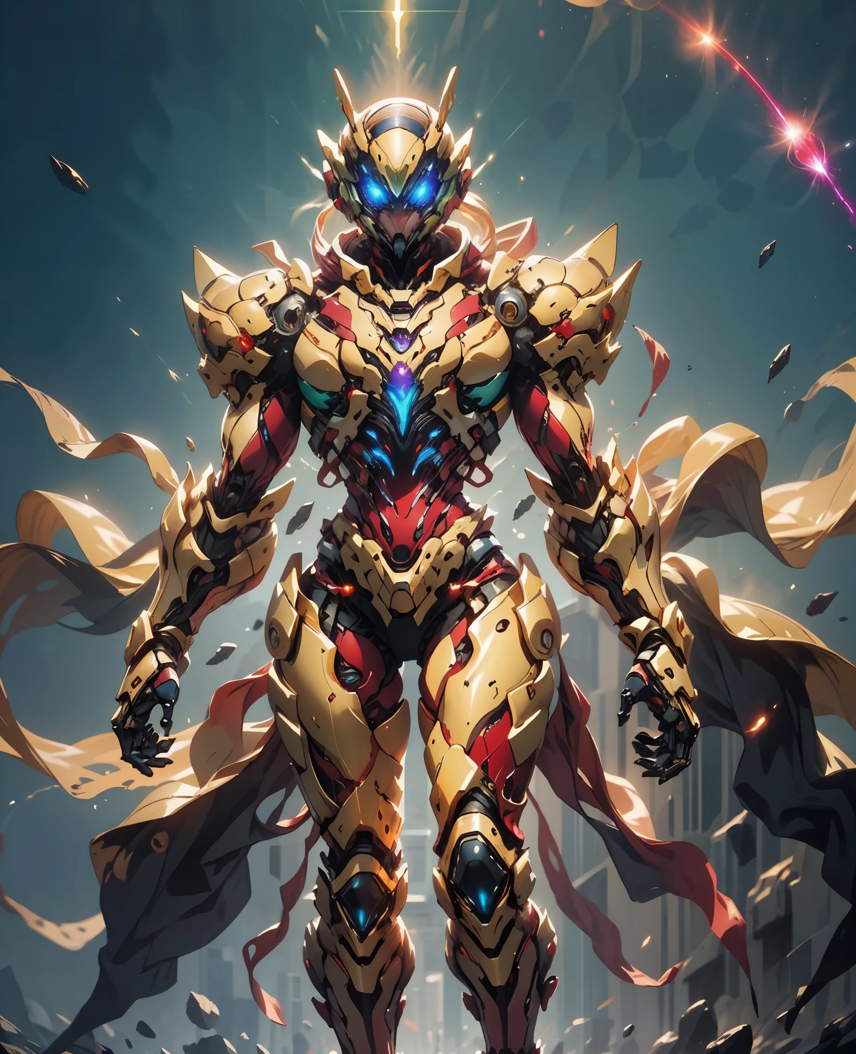 A woman adorned in fantasy-style full-body armor, a crown-concept fully enclosed helmet that unveils only her eyes, a composite layered chest plate, fully encompassing shoulder and hand guards, a lightweight waist armor, form-fitting shin guards, the overall design is heavy-duty yet flexible, (the armor gleams with a golden glow, complemented by red and blue accents), exhibiting a noble aura, she floats above a fantasy-surreal high-tech city, this character embodies a finely crafted fantasy-surreal style armored hero in anime style, exquisite and mature manga art style, (Queen Bee Concept Armor, blood), ((plasma, bio mecha, long legs, elegant, goddess, femminine:1.5)), metallic, high definition, best quality, highres, ultra-detailed, ultra-fine painting, extremely delicate, professional, anatomically correct, symmetrical face, extremely detailed eyes and face, high quality eyes, creativity, RAW photo, UHD, 32k, Natural light, cinematic lighting, masterpiece-anatomy-perfect, masterpiece:1.5