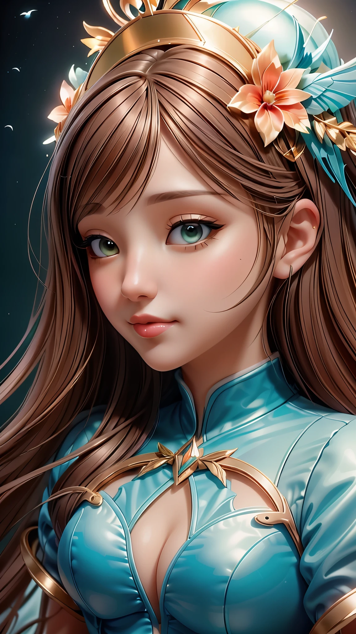 A closeup of a woman with birds on her head, Arte de fantasia hiperrealista, pintura de fantasia realista, Artgerm Julie Bell Beeple, there are birds on her head, bela arte digital, obras de arte impressionantes, pintura de personagem bonita, arte bonita, retrato bonito da arte da fantasia, karol bak uhd, Beeple e Jeremias Ketner