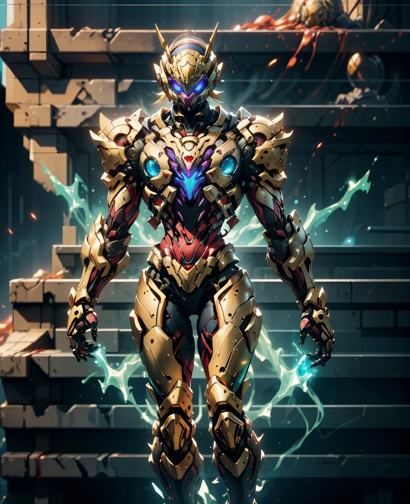 A woman adorned in fantasy-style full-body armor, a crown-concept fully enclosed helmet that unveils only her eyes, a composite layered chest plate, fully encompassing shoulder and hand guards, a lightweight waist armor, form-fitting shin guards, the overall design is heavy-duty yet flexible, (the armor gleams with a golden glow, complemented by red and blue accents), exhibiting a noble aura, she floats above a fantasy-surreal high-tech city, this character embodies a finely crafted fantasy-surreal style armored hero in anime style, exquisite and mature manga art style, (Queen Bee Concept Armor, blood), ((plasma, bio mecha, long legs, elegant, goddess, femminine:1.5)), metallic, high definition, best quality, highres, ultra-detailed, ultra-fine painting, extremely delicate, professional, anatomically correct, symmetrical face, extremely detailed eyes and face, high quality eyes, creativity, RAW photo, UHD, 32k, Natural light, cinematic lighting, masterpiece-anatomy-perfect, masterpiece:1.5