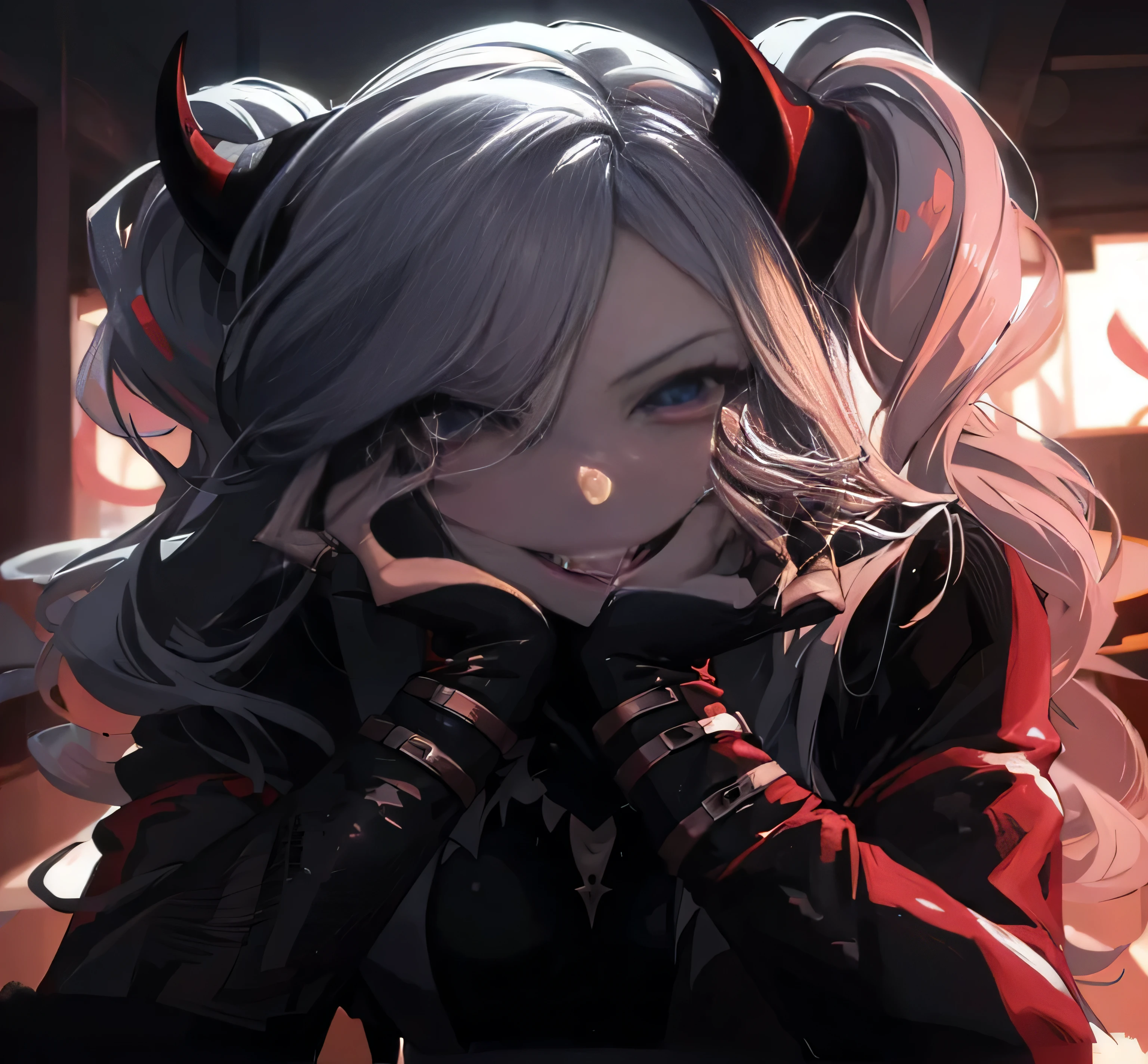 Anime girl with horns and antlers on her head posing for a photo, artegerm extremamente detalhado, artegerm e rossdraws, artegerm trend, sorriso malicioso, artegerm detalhado, sorriso do diabo, :: rossdraws, Modelo IG | artegerm, Evil smile, garota vampira, Ross empata 2. 0, demon anime girl