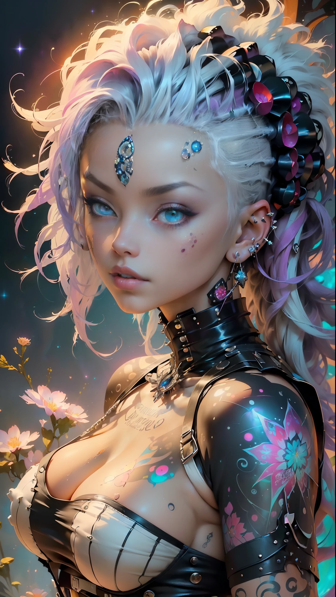 (masterpiece, top quality, best quality, official art, beautiful, cosmic, atmospheric, psychedelic, dreamlike and aesthetic:1.2), (1girl, platinum white punk rock mohawk hair, tons of tattoos and piercings, super huge enormously gigantic tits), extreme detailed,(fractal art:1.3),colorful,highest detailed, cherry blossoms and butterflies blowing in the wind 