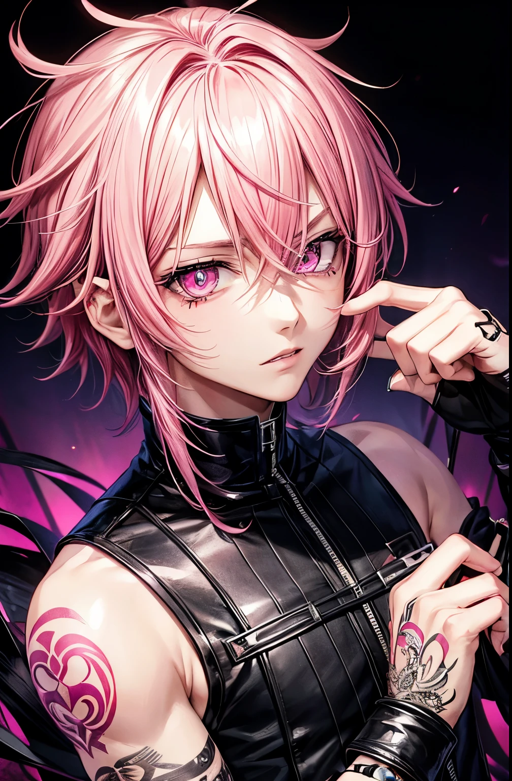 male,Pink medium hair,Visual Kei,handsome man,tattoo,pink eyes,Glowing eyes,beautiful eyes、punk fashion