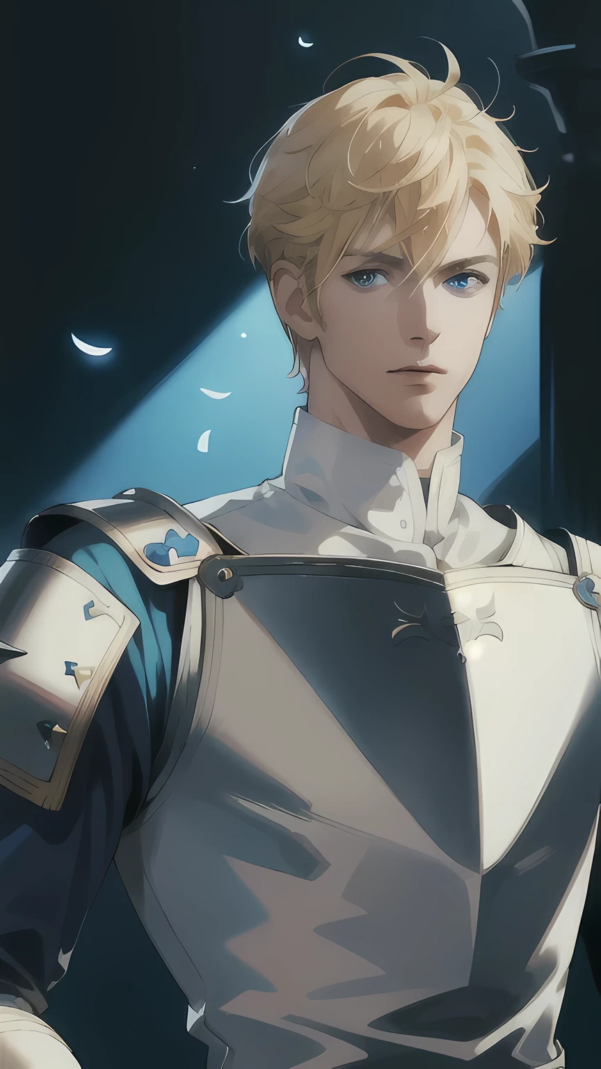 (Best quality, 4K, a high resolution, masterpiece:1.2), ultra detailed, Realistic:1.37, anime style, male, 38 years, prince, knight in shining white armor, short blonde voluminous hair, bright blue eyes, serious expression, swordswoman, medieval, portraits, bright colors, Studio lighting