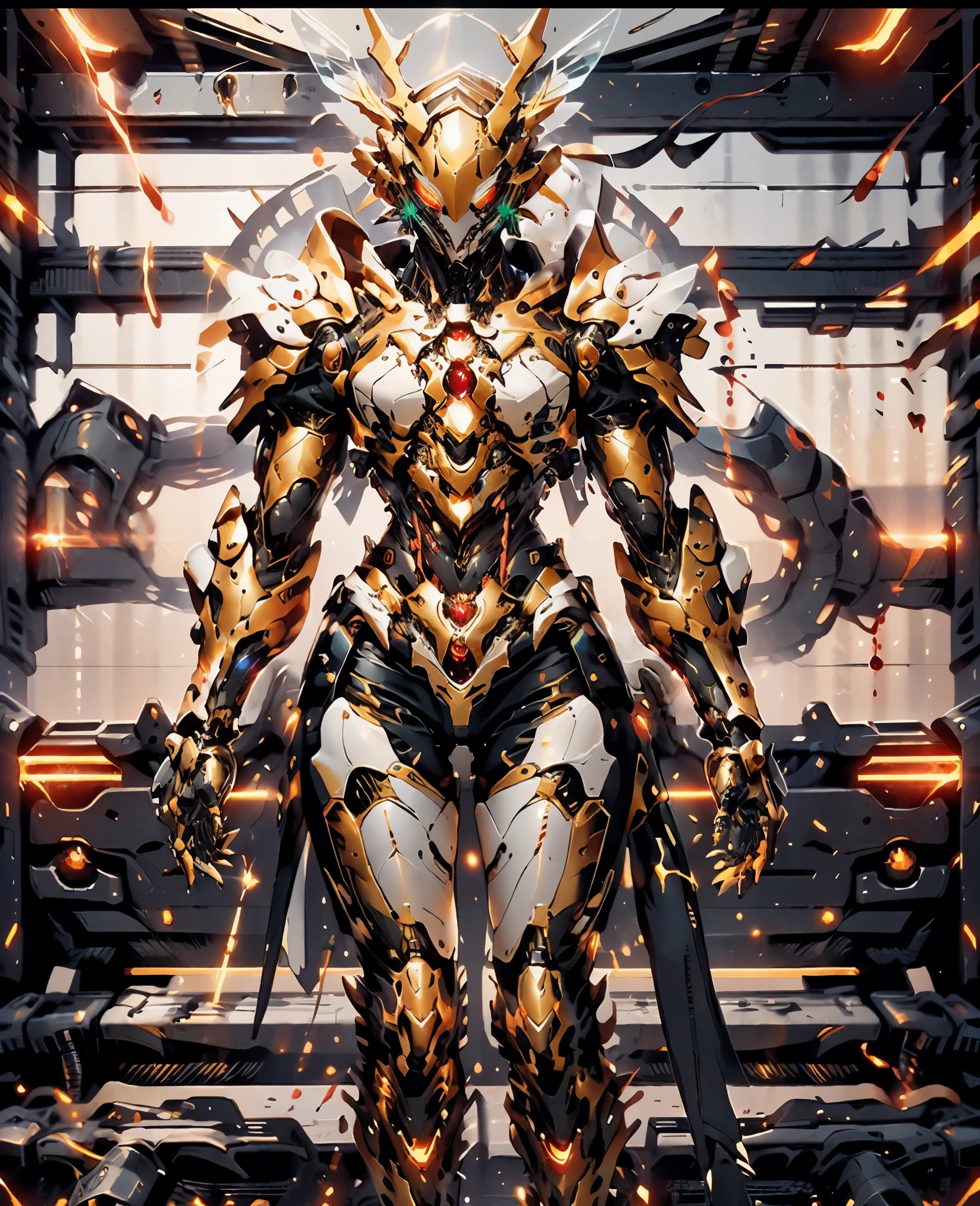 A woman adorned in fantasy-style full-body armor, a crown-concept fully enclosed helmet that unveils only her eyes, a composite layered chest plate, fully encompassing shoulder and hand guards, a lightweight waist armor, form-fitting shin guards, the overall design is heavy-duty yet flexible, (the armor gleams with a golden glow, complemented by red and blue accents), exhibiting a noble aura, she floats above a fantasy-surreal high-tech city, this character embodies a finely crafted fantasy-surreal style armored hero in anime style, exquisite and mature manga art style, (Queen Bee Concept Armor, blood), ((plasma, bio mecha, long legs, elegant, goddess, femminine:1.5)), metallic, high definition, best quality, highres, ultra-detailed, ultra-fine painting, extremely delicate, professional, anatomically correct, symmetrical face, extremely detailed eyes and face, high quality eyes, creativity, RAW photo, UHD, 32k, Natural light, cinematic lighting, masterpiece-anatomy-perfect, masterpiece:1.5