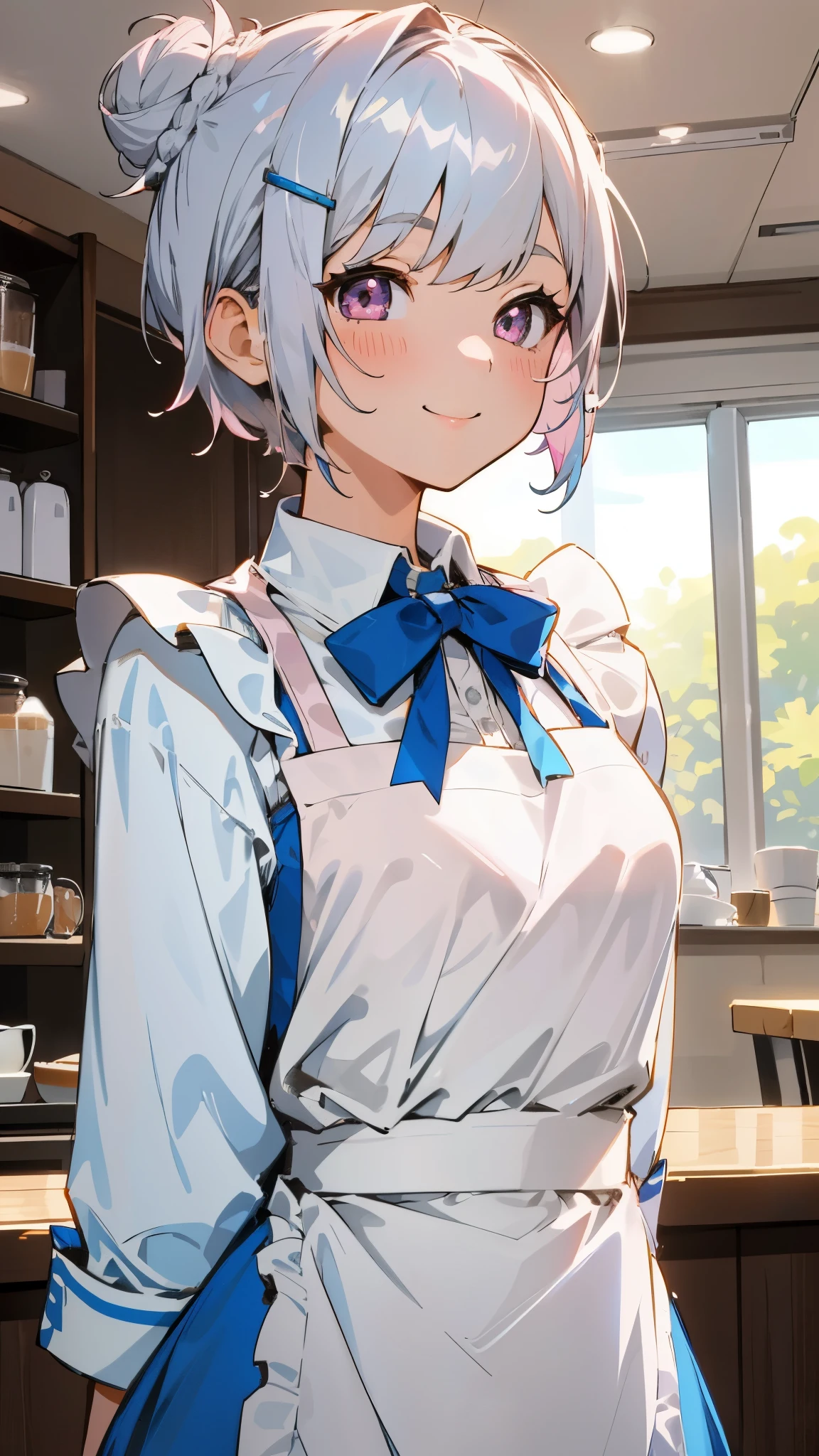 1 girl、white blouse、blue skirt、upper body up、Short hairstyles for silver hair and bob、Hair tied up in a bun with a hair clip、Shining pink round eyes、smile、Apron appearance、((indoor、morning、Cafe))、sharp outline