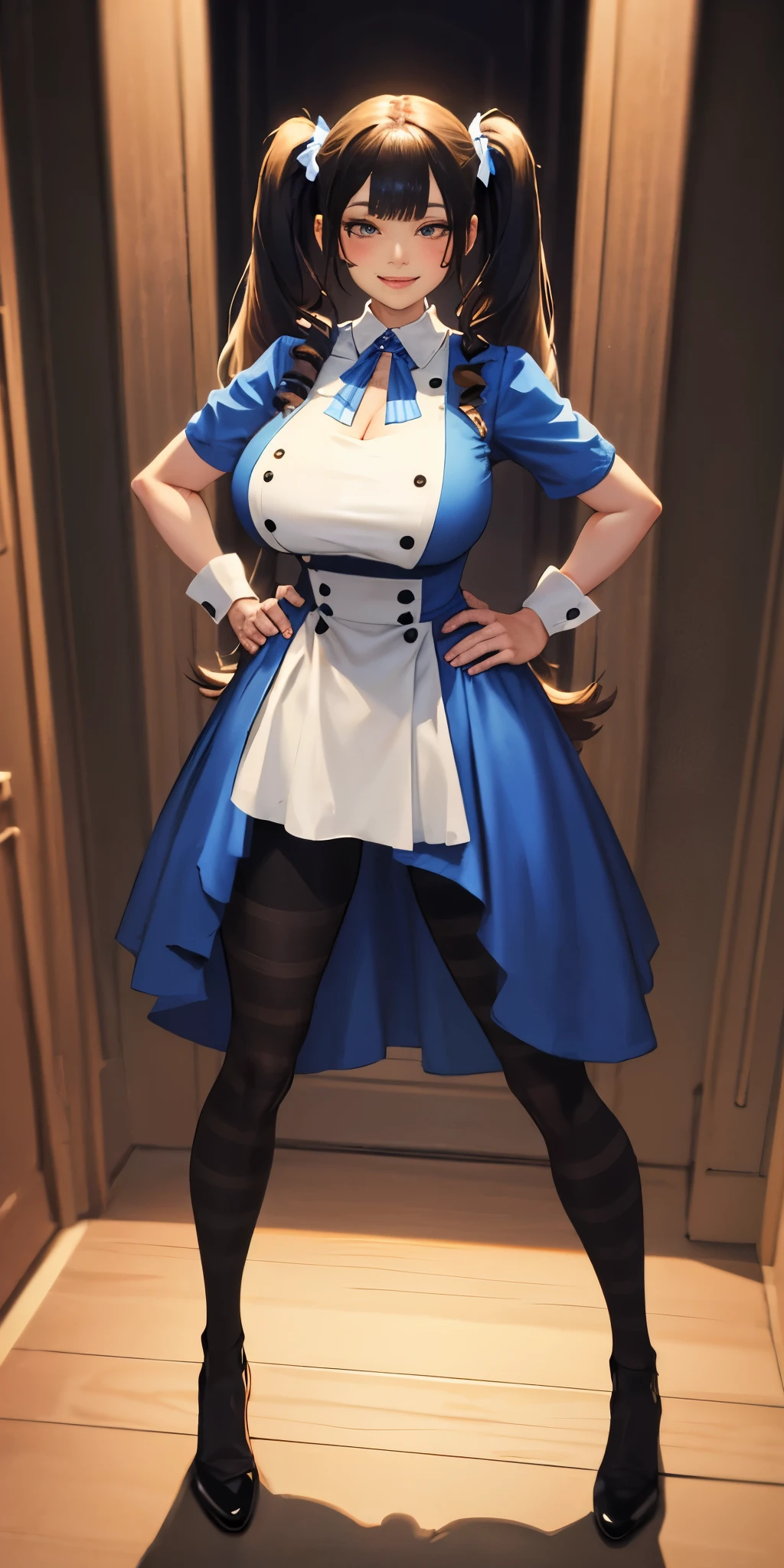 full body standing straight symmetrical, huge boob(masterpiece, best quality:1.2), cowboy shot, solo, 1MILF, mmplatz, smile, looking at viewer, hands on hips, twintails, twin drills, dress, blue pantyhose, striped pantyhose, Handcuffs on their hands, With a collar around the neck