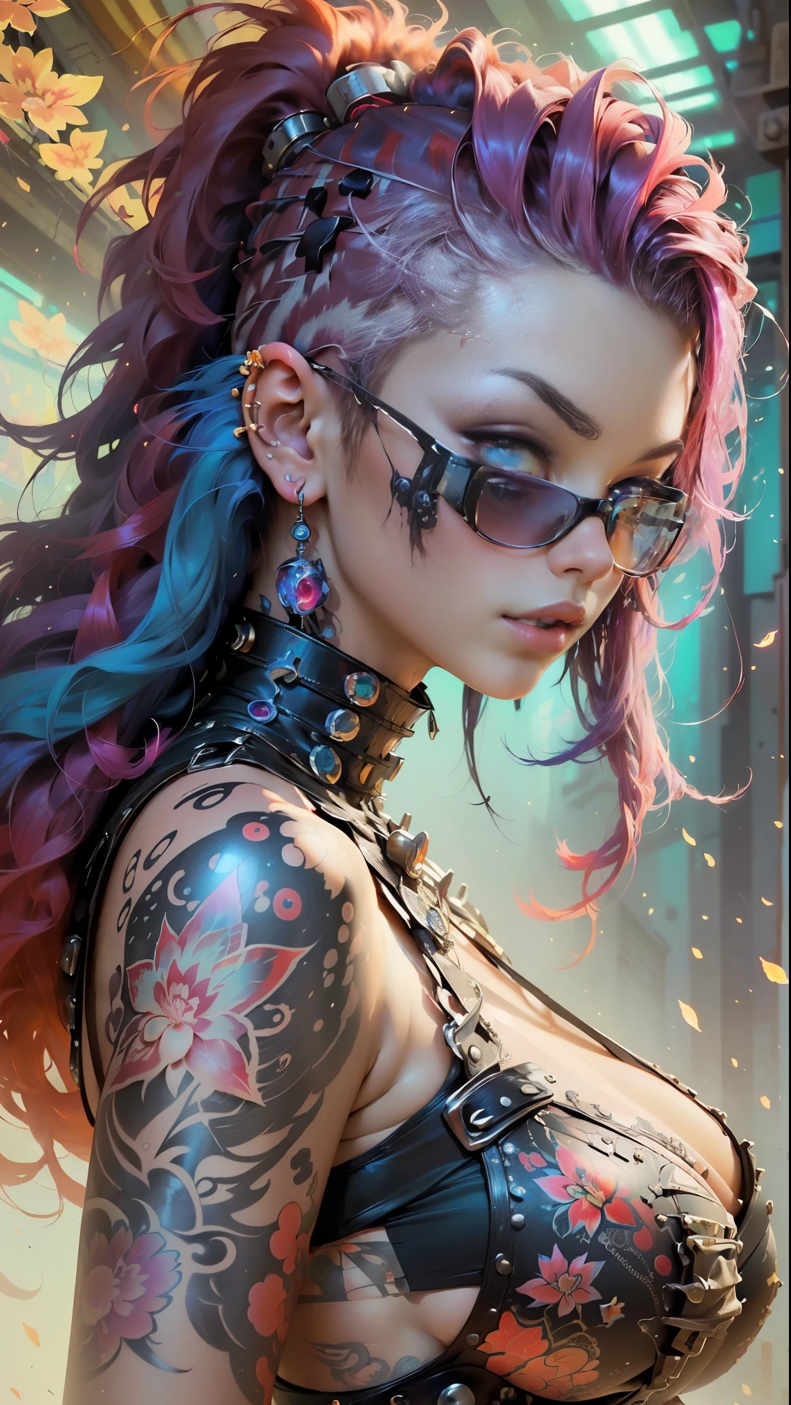 (masterpiece, top quality, best quality, official art, beautiful, cosmic, atmospheric, psychedelic, dreamlike and aesthetic:1.2), (1girl, red punk rock mohawk hair, tons of tattoos and piercings, super huge enormously gigantic tits), extreme detailed,(fractal art:1.3),colorful,highest detailed, cherry blossoms and butterflies blowing in the wind 