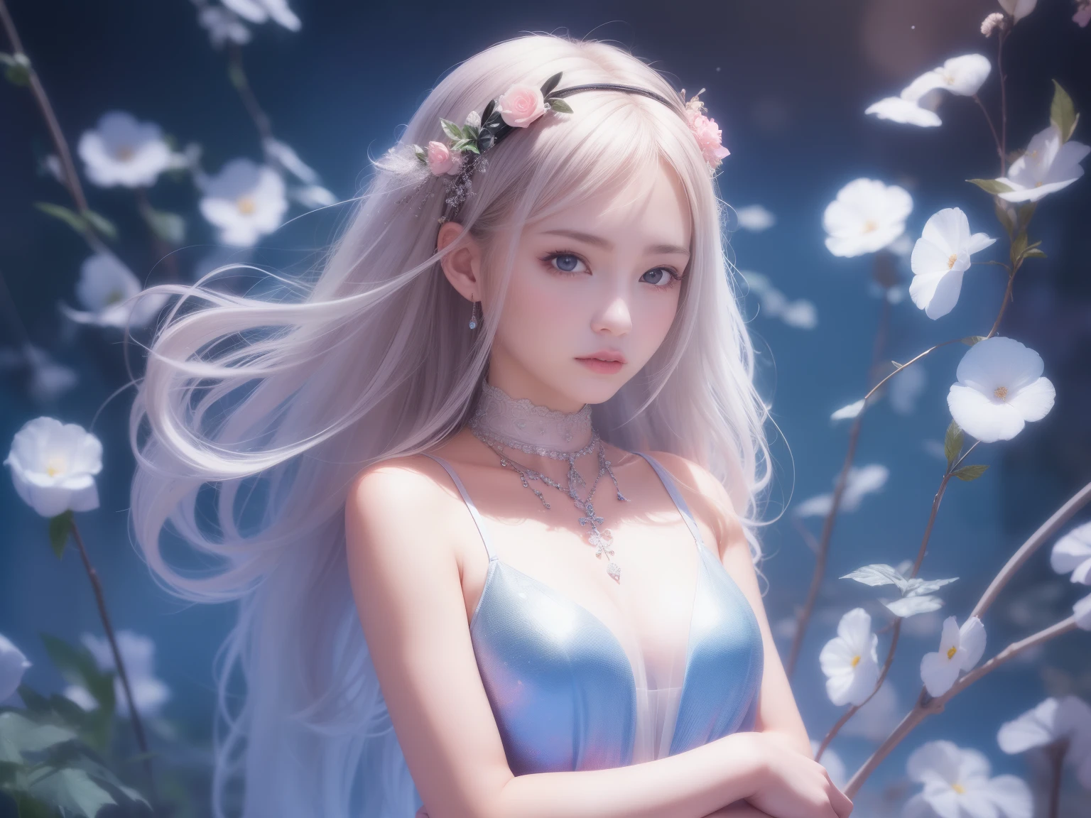 (((1 girl)))、Glass Dresses、plastic dress,see-through transparent clothes,glass texture,light shines,rainbow,colorful,cleanliness,hair ornaments、choker necklace、gem、cute face、Physically、Tyndall effect、Realistic、shadow studio、edge light、two-color lighting、(high detail skin:1.2)、8K, Ultra HD、Digital single-lens reflex camera、soft writing、expensive、expensive品質、volume light、Voyeurism、photore、High resolution、4K、8K、background is blurry,highest quality、master piece、High resolution、