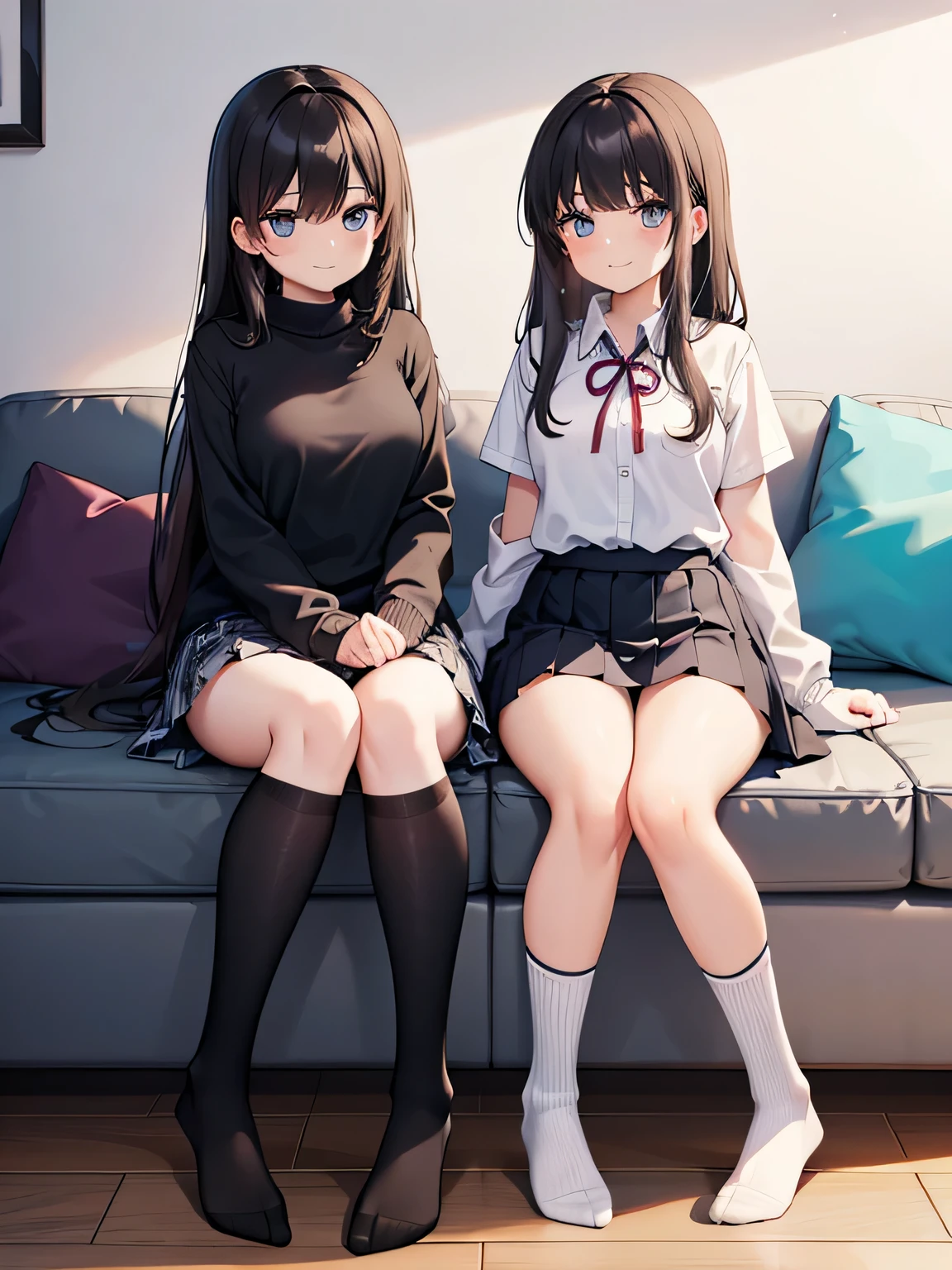 (1) Two sisters are sitting with their knees together on the sofa in the living room. My sister is pink from the gap between her skirt and thighs、My sister can see her light blue panties.
(2) My sister is a  high school student., Wa miniskirt uniform and socks.
(3) The older sister is a 23-year-old office lady.、She is wearing a turtleneck knit, a plaid skirt, and black socks.。.
(4) My younger sister has semi-long black hair..
(5) My sister has long brown hair.
(6) The two women have mischievous smiles on their faces..
(7) Both women&#39;s breasts are not that big..
(8) The location is the sofa in the living room of the apartment..