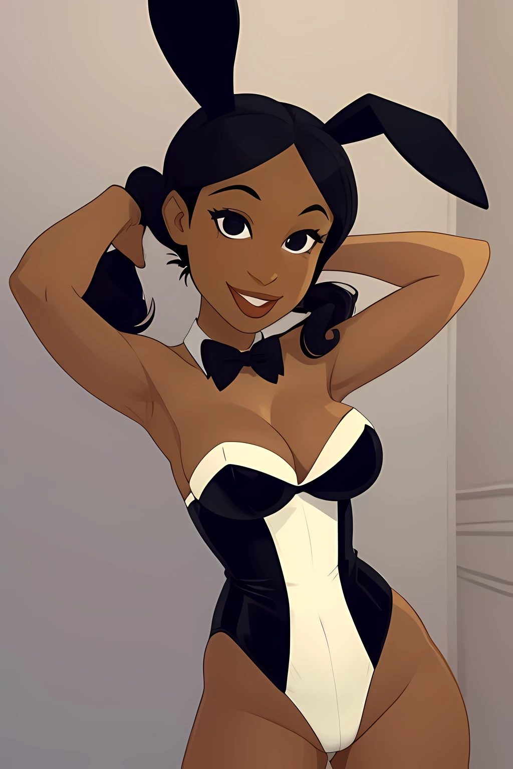 penny proud, black hair, twin tails, dark-skinned, red lipstick, grey background, cleavage, large breasts, , black eyes, smile, playboy bunny, rabbit ears, bowtie, leotard, standing, photoshoot, pose, hands behind head, armpts,
