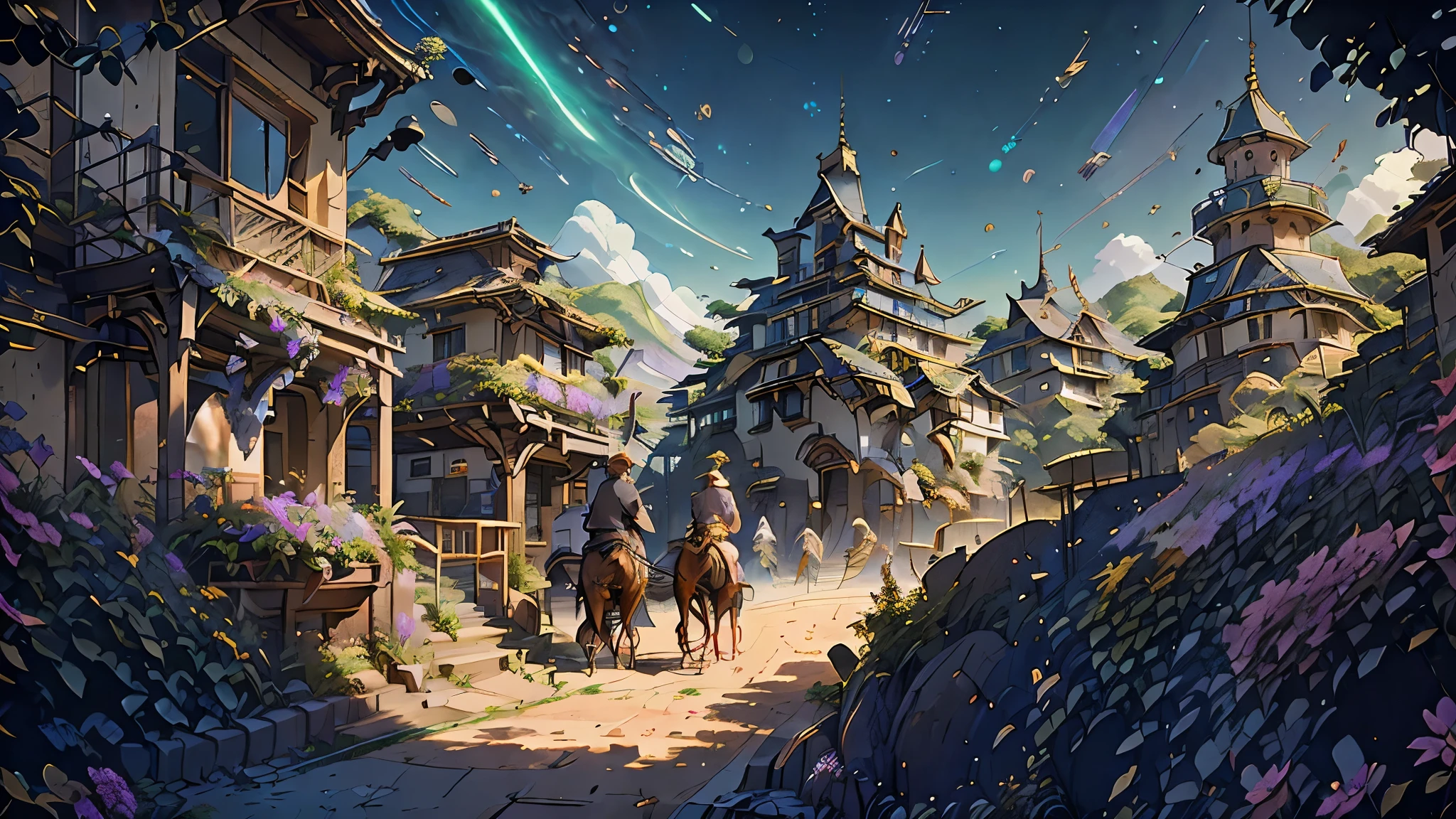 (8k, ARTISTIC photography, best quality, masterpiece: 1.2) ((best quality)), Nijistyle, horse drawn carriage, town filled with people doing various activities, Architecture, a fantasy world, the art and science of designing built environments, serves as a powerful predictor of health within isekai society. advanced castle architecture spread out, Its influence extends beyond aesthetics and functionality, surrounded by village, shaping various aspects of our lives, planets visible in the atmosphere, including economic stability, dragons flying around, the physical environment or neighborhood, education, food, community and societal context, and the healthcare system. Through its intentional design choices, architecture creates and impacts these interconnected elements, ultimately influencing the well - being and health outcomes of individuals and communities. define this idea with imagery. do not show text. create an appealing image typical of those shown on the front page of a world renowned magazine., each with unique architecture and culture, beauty light, Glitchart, 64K, high detail