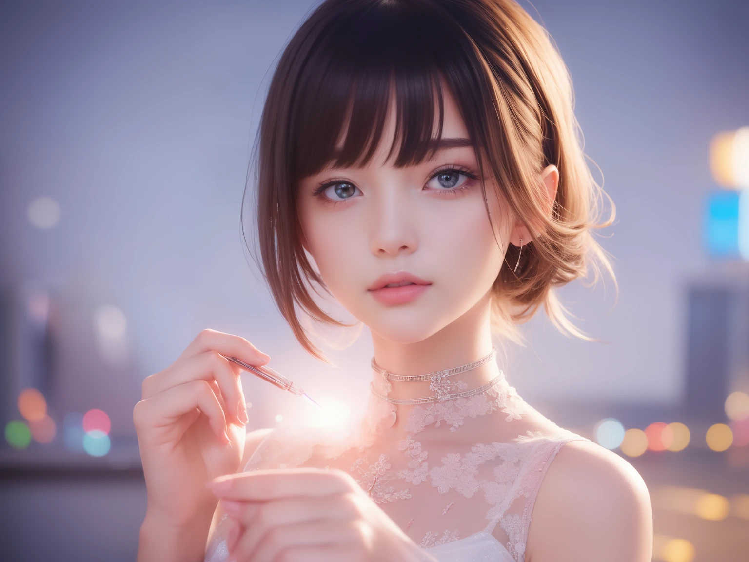 (((1 girl)))、Glass Dresses、plastic dress,see-through transparent clothes,glass texture,light shines,rainbow,colorful,cleanliness,hair ornaments、choker necklace、gem、cute face、Physically、Tyndall effect、Realistic、shadow studio、edge light、two-color lighting、(high detail skin:1.2)、8K, Ultra HD、Digital single-lens reflex camera、soft writing、expensive、expensive品質、volume light、Voyeurism、photore、High resolution、4K、8K、background is blurry,highest quality、master piece、High resolution、