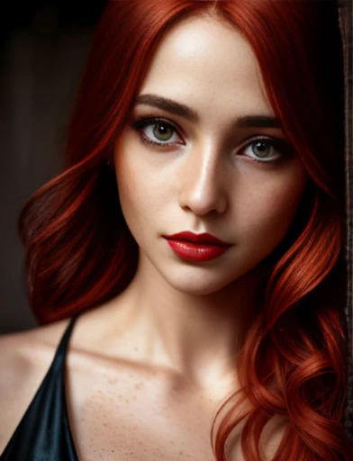 Masterpiece, absurdres,award winning photo, extremely detailed, amazing, fine detail, extremely detailed eyes and face, by lee jeffries nikon d850 film stock photograph 4 kodak portra 400 camera f1.6 lens rich colors hyper realistic lifelike texture dramatic lighting unrealengine trending on artstation cinestill 800 tungsten,  beautiful hld_woman, a woman with long red hair and a bright lipstick, freckles, perfect hld_face, perfect hld_body