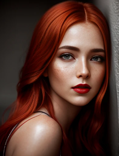Masterpiece, absurdres,award winning photo, extremely detailed, amazing, fine detail, extremely detailed eyes and face, by lee jeffries nikon d850 film stock photograph 4 kodak portra 400 camera f1.6 lens rich colors hyper realistic lifelike texture dramatic lighting unrealengine trending on artstation cinestill 800 tungsten,  beautiful hld_woman, a woman with long red hair and a bright lipstick, freckles, perfect hld_face, perfect hld_body