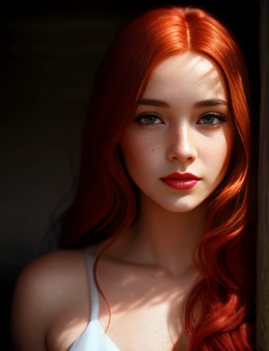Masterpiece, absurdres,award winning photo, extremely detailed, amazing, fine detail, extremely detailed eyes and face, by lee jeffries nikon d850 film stock photograph 4 kodak portra 400 camera f1.6 lens rich colors hyper realistic lifelike texture dramatic lighting unrealengine trending on artstation cinestill 800 tungsten,  beautiful hld_woman, a woman with long red hair and a bright lipstick, freckles, perfect hld_face, perfect hld_body