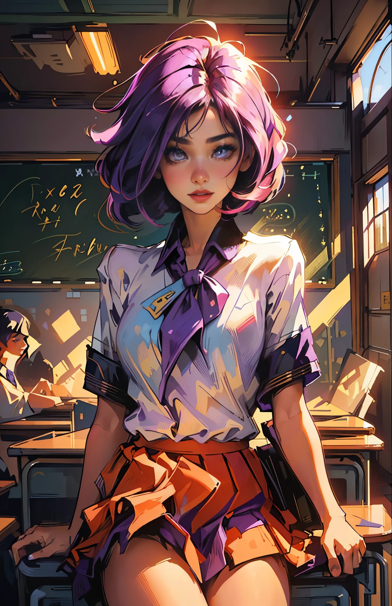 best quality, 8K ,((((dramatic))), hyper detailed ,cover magazine featuring a realistic sexy girl with, a pretty face, colorful hair, happy, (bob long haircut style), purple eyes,(((sexy school uniform)))