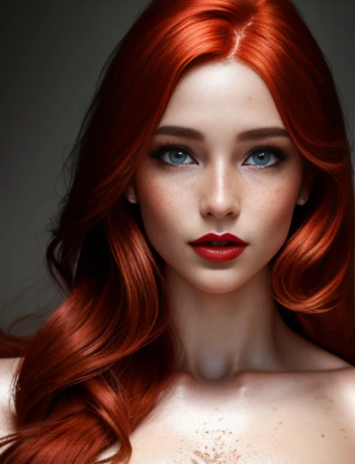 Masterpiece, absurdres,award winning photo, extremely detailed, amazing, fine detail, extremely detailed eyes and face, by lee jeffries nikon d850 film stock photograph 4 kodak portra 400 camera f1.6 lens rich colors hyper realistic lifelike texture dramatic lighting unrealengine trending on artstation cinestill 800 tungsten,  beautiful hld_woman, a woman with long red hair and a bright lipstick, freckles, perfect hld_face, perfect hld_body