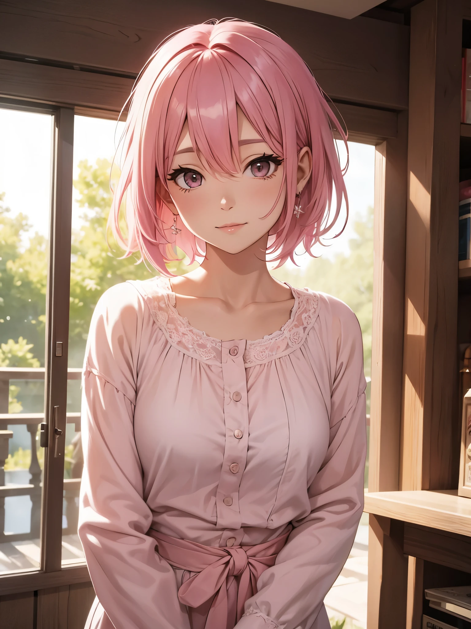A mature girl, pink hair