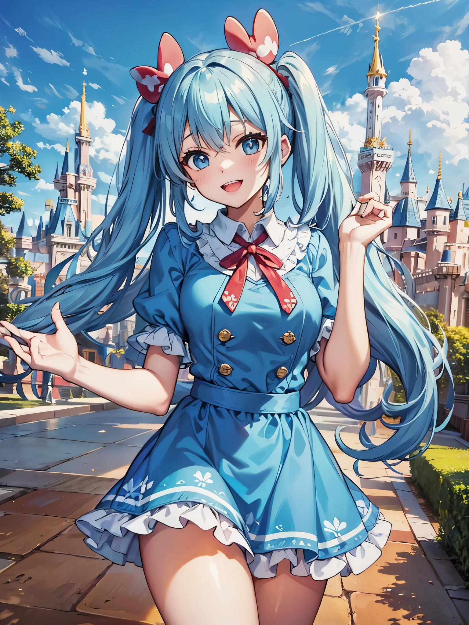 light blue long hair Beautiful girl with twin tails wonderful smile Inside Disneyland Mickey Mouse blue sky red costume