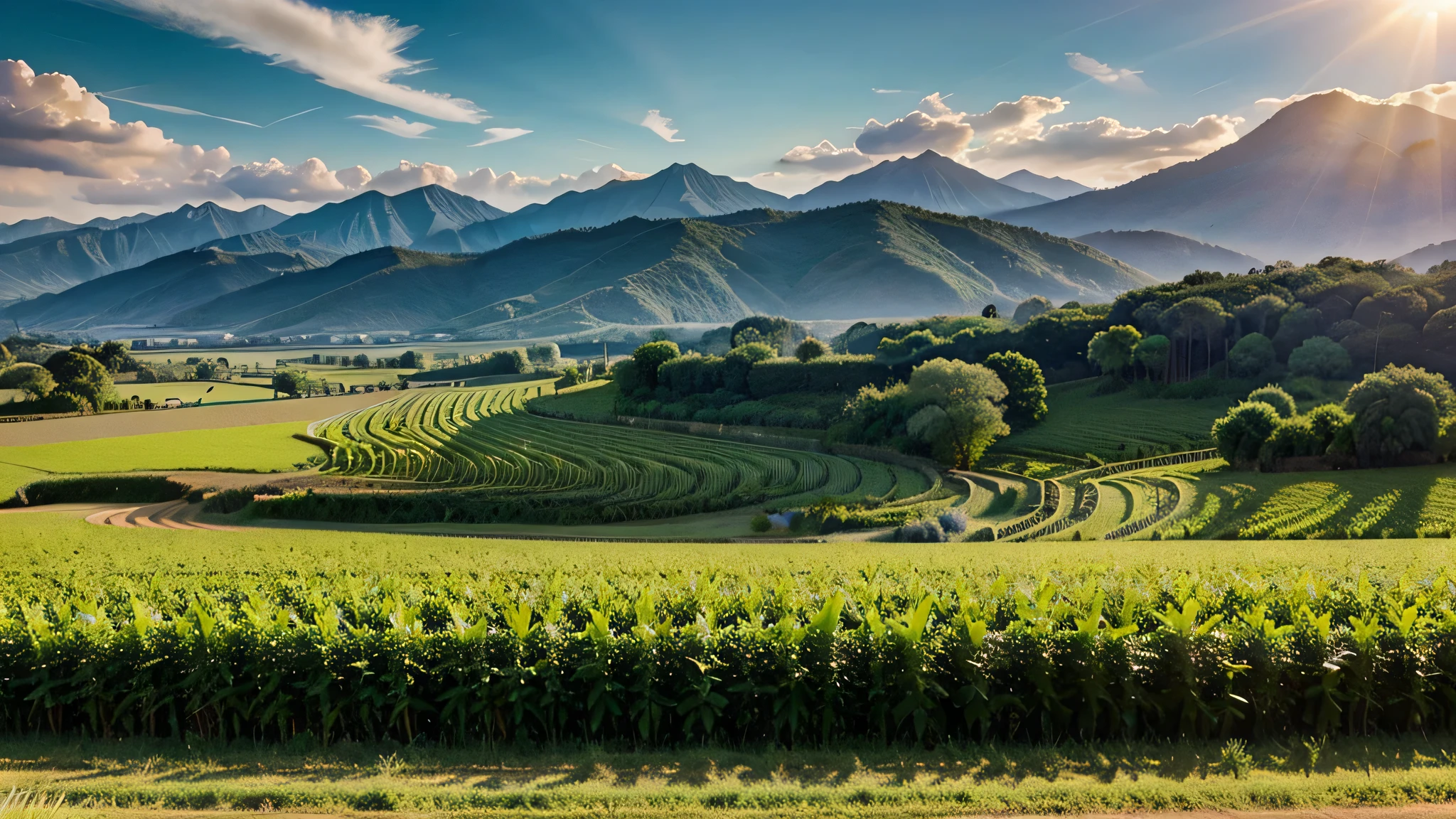 corn plantation field, luxurious farm and mountains on the horizon and clear sky with sun rays