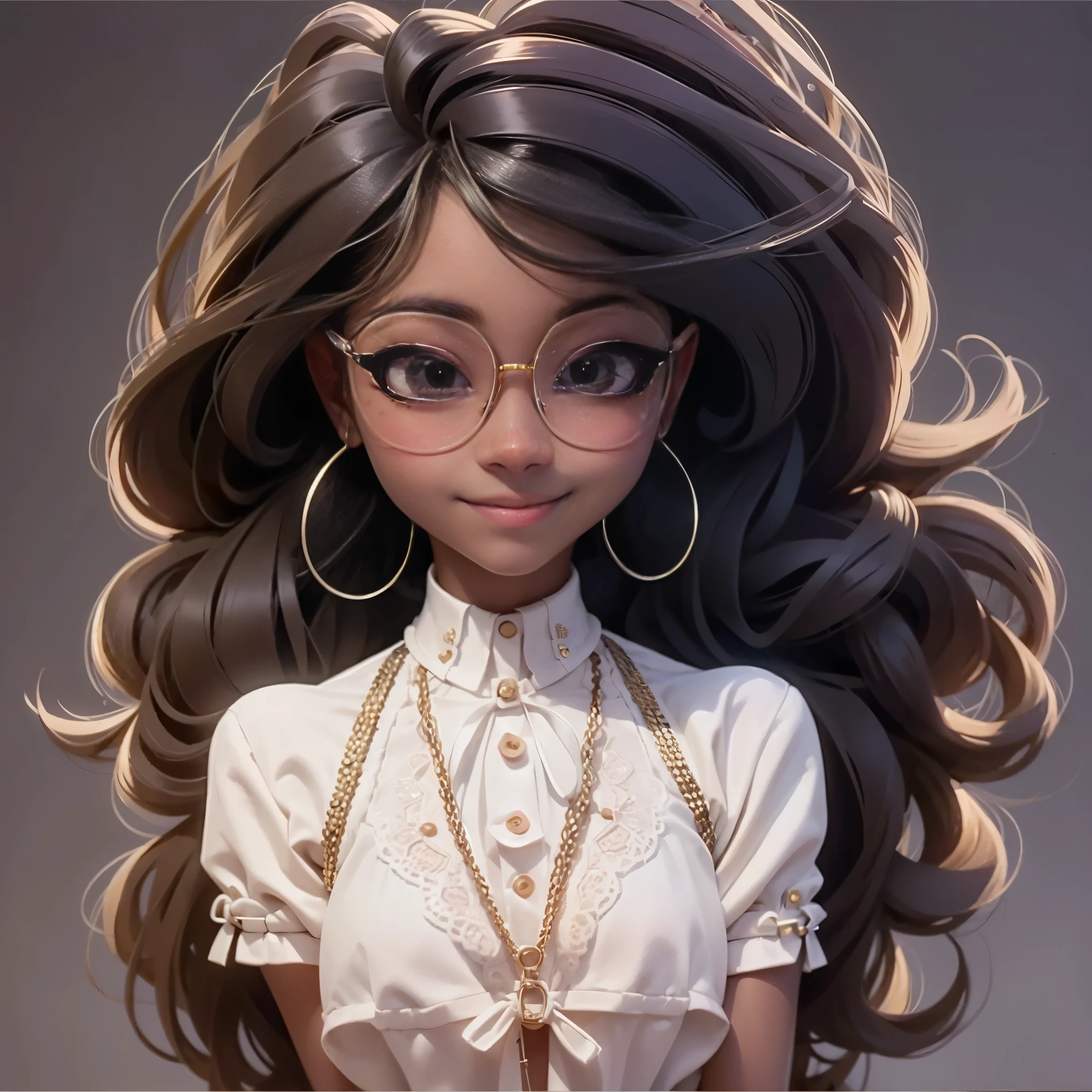 (best quality,ultra-detailed,realistic),portrait,dark-skinned girl,tied-up hair,loose hair,modern accessories,glasses,one detailed eye,detailed smile,detailed features,Holograph,light and minimalistic background