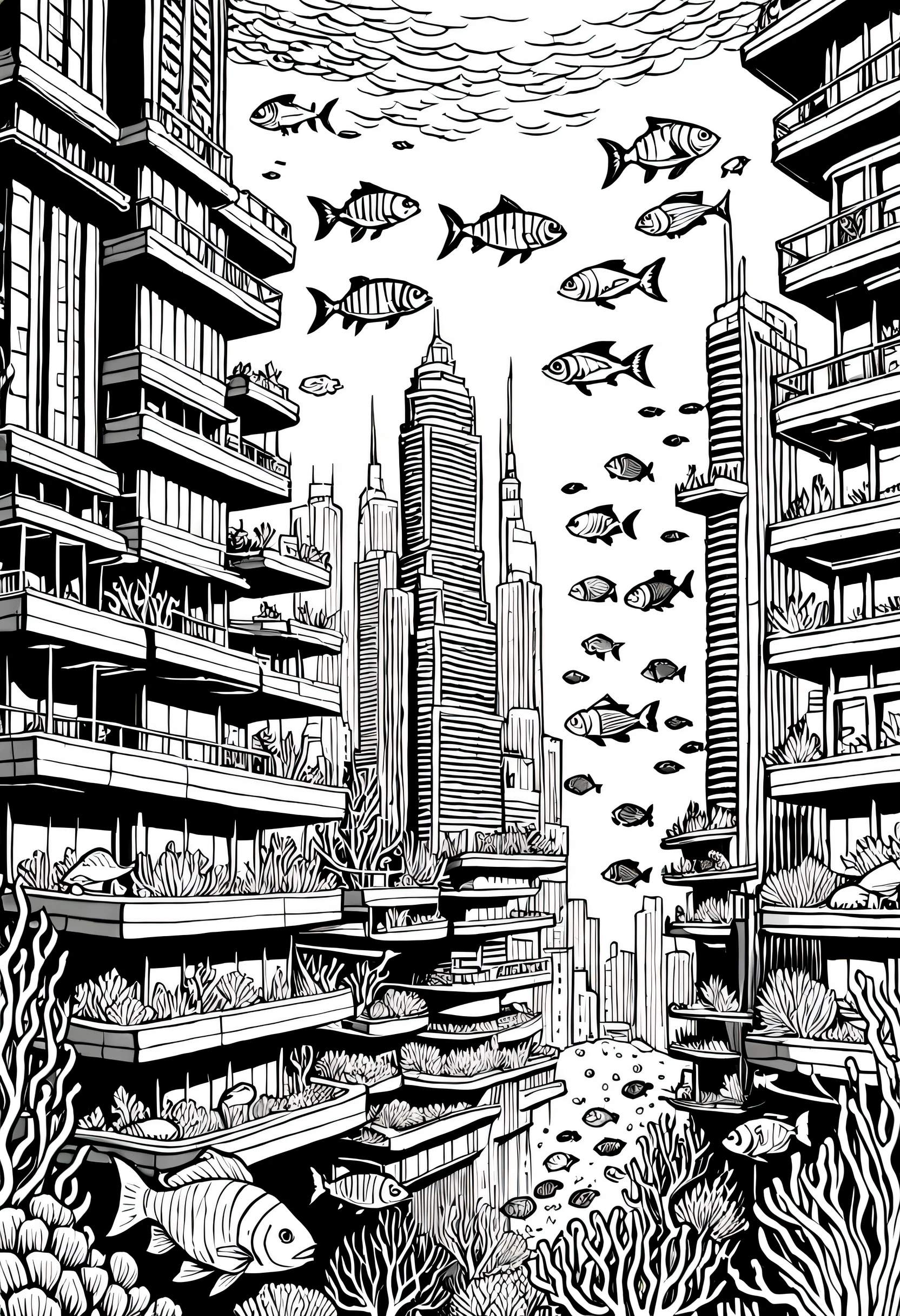 A bustling underwater city with schools of fish sailing past coral skyscrapers, creating a vibrant and dynamic ocean metropolis. ,livro de colorir, ColoringBookAF