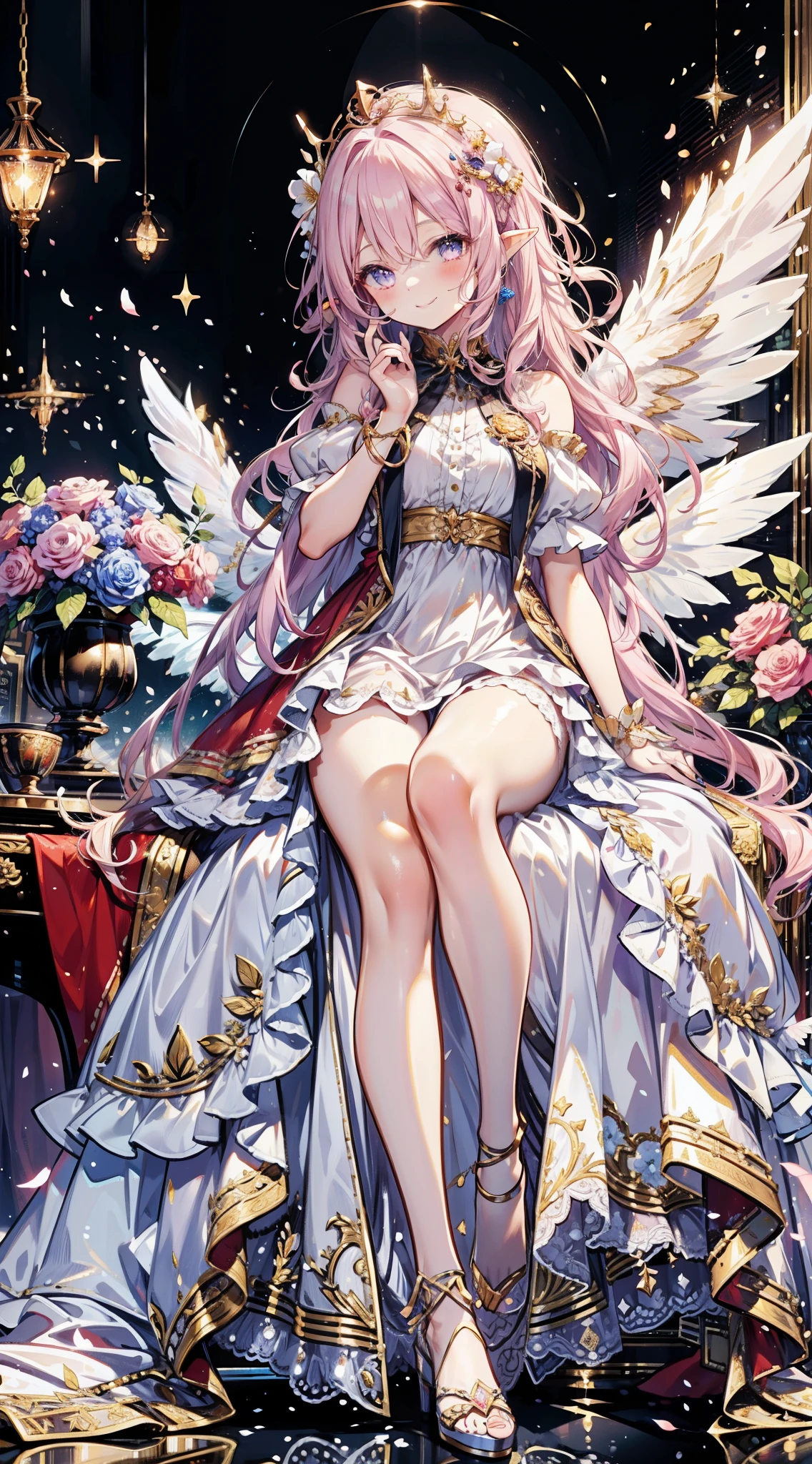 soft expression,smile with your mouth slightly open,((light smile,Happy:1.5)),((long red dress that covers the legs)),((Sparkling red fluffy layered ball gown)),A large and beautiful dress inspired by rose flowers, lots of flowers、gold decoration,Black ruffles、Intricate billowy ball gown with rhinestones, ( table top, art station, fantasy art:1.2), turn around，Smile tastefully、,((giant white fairy wings))、gradient hair, golden hair, hair in the wind, wavy hair,fluffy hair,tiara,Lavender colored eyes, long eyelashes, beautiful eyes、light pink blush,pointy ears, bright pupils, long and thin legs, golden hour, shining light, warm lighting,