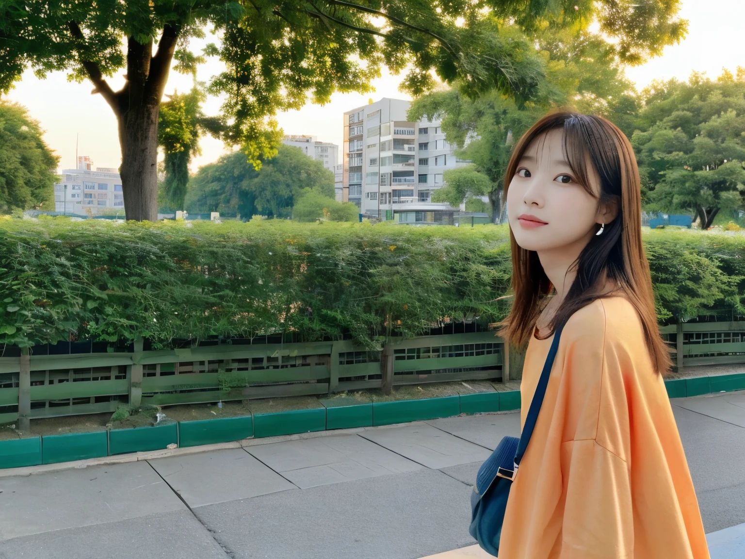 table top, highest quality, portrait of one girl、Pores and skin texture can be checked with high resolution、夕方のembankmentを散歩、Plain color、sunset、SLR camera image quality、various angles and angles、embankment、green、garden、walking date、sunsetでオレンジ色に、Simple clothes