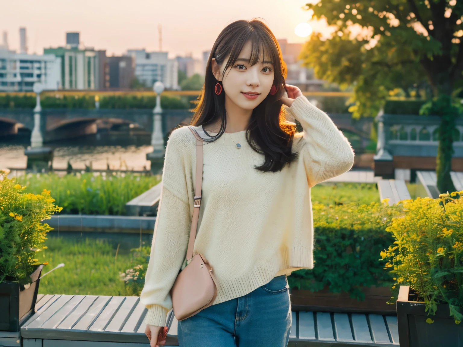 table top, highest quality, portrait of one girl、Pores and skin texture can be checked with high resolution、夕方のembankmentを散歩、Plain color、sunset、SLR camera image quality、various angles and angles、embankment、green、garden、walking date、sunsetでオレンジ色に、Simple clothes