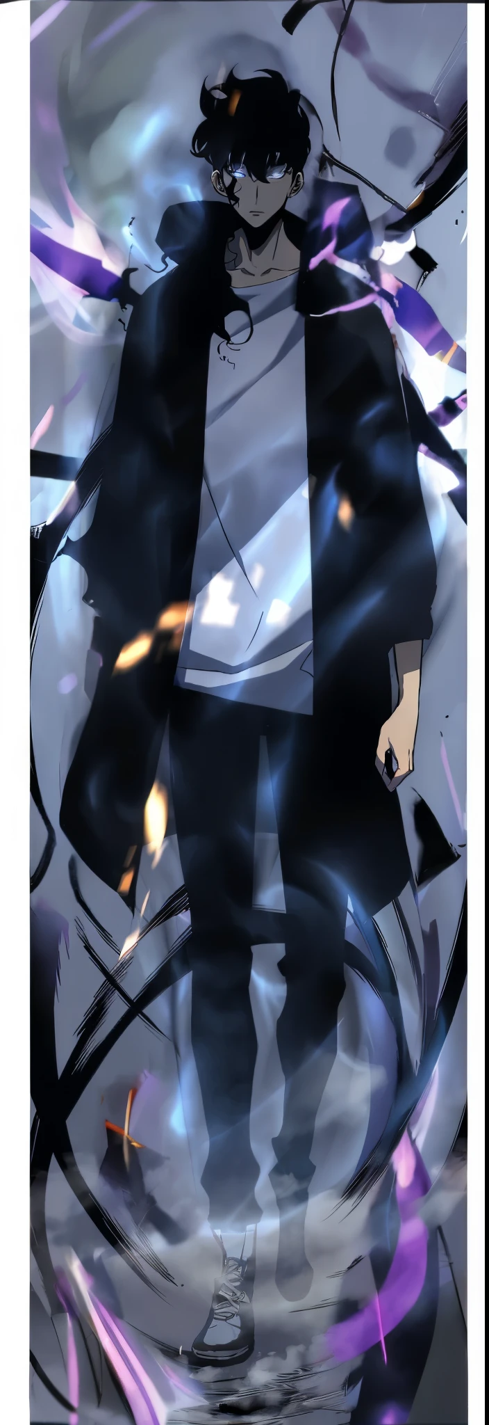 blackish purple flames around body, spreading away from body