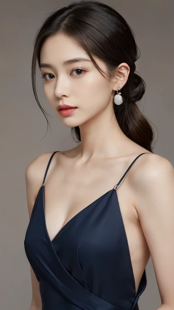 A 27-year-old Japanese woman with an oval face, accentuated by sharp features, boasts arched, thin eyebrows that frame her almond-shaped brown eyes. Her small, refined nose adds definition to her face, while her thin lips maintain a subtle, natural expression. Daylight gracefully illuminates her face, revealing realistic imperfections that enhance her unique and captivating natural beauty, Wearing a navy one-piece dress。Above-the-knee length A-line silhouette、Elegant design with ribbon accents at the waist。Styled with a slightly open back、There&#39;s just the right amount of sexiness。Pair with high heel white pumps、For handbags, choose a small clutch bag to create an elegant look.。The hairstyle is slicked and the long hair on the shoulders is left untied.、She wears simple pearl earrings in her ears.。Makeup has a natural finish、For lipstick, I choose a soft pink color.。