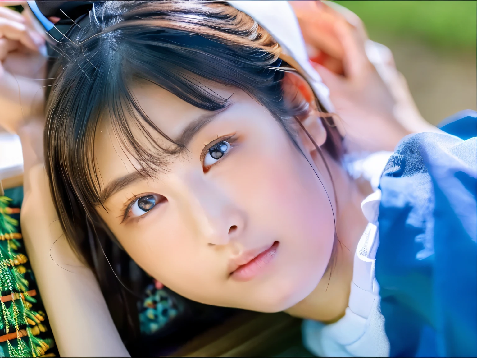 ((highest quality、8K、masterpiece:1.3))、1 Beautiful Japan Girl A beautiful woman with slender abs:1.3、Big eyes、Gentle mouth、pure white skin、ponytail、high school studentの女の子、Neat , people, (slim, small, flat, small), short black hair, high school student、baby face、highly detailed face、narrow eyes、double eyelid、