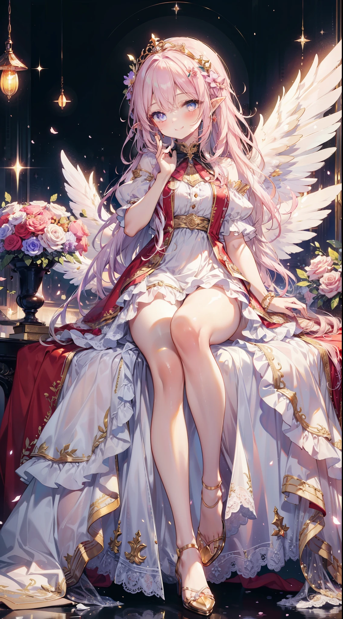 soft expression,smile with your mouth slightly open,((light smile,Happy:1.5)),((long red dress that covers the legs)),((Sparkling red fluffy layered ball gown)),A large and beautiful dress inspired by rose flowers, lots of flowers、gold decoration,Black ruffles、Intricate billowy ball gown with rhinestones, ( table top, art station, fantasy art:1.2), turn around，Smile tastefully、,((giant white fairy wings))、gradient hair, golden hair, hair in the wind, wavy hair,fluffy hair,tiara,Lavender colored eyes, long eyelashes, beautiful eyes、light pink blush,pointy ears, bright pupils, long and thin legs, golden hour, shining light, warm lighting,
