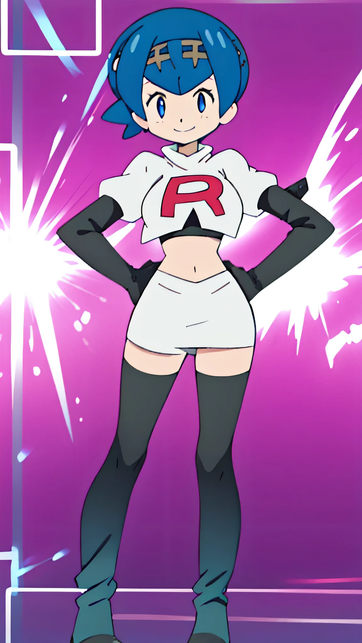 8k, anime screencap,1girl in, (solo:1.2), (perfect body:1.1), (best quality:1.1), very large breast, team rocket uniform, red letter r, white skirt,white crop top,black thigh-high boots, black elbow gloves, evil smile, looking down at viewer, hands on hips,zettai ryouiki,