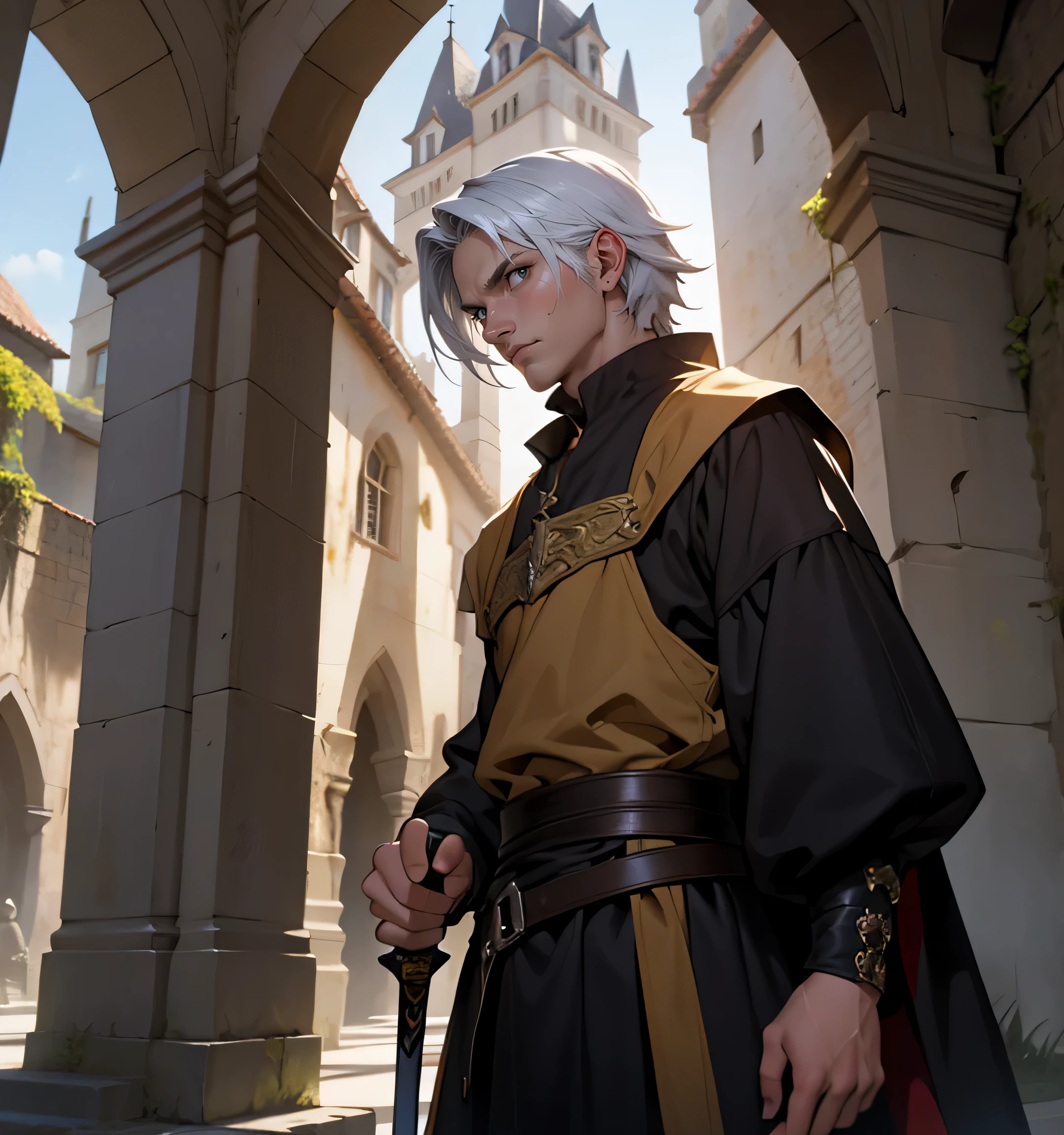 um personagem guerreiro medieval, muito detalhado, segurando uma espada, muito forte, muito detalhado, castelo ao fundo, close no semblante cansado, acabou de lutar,