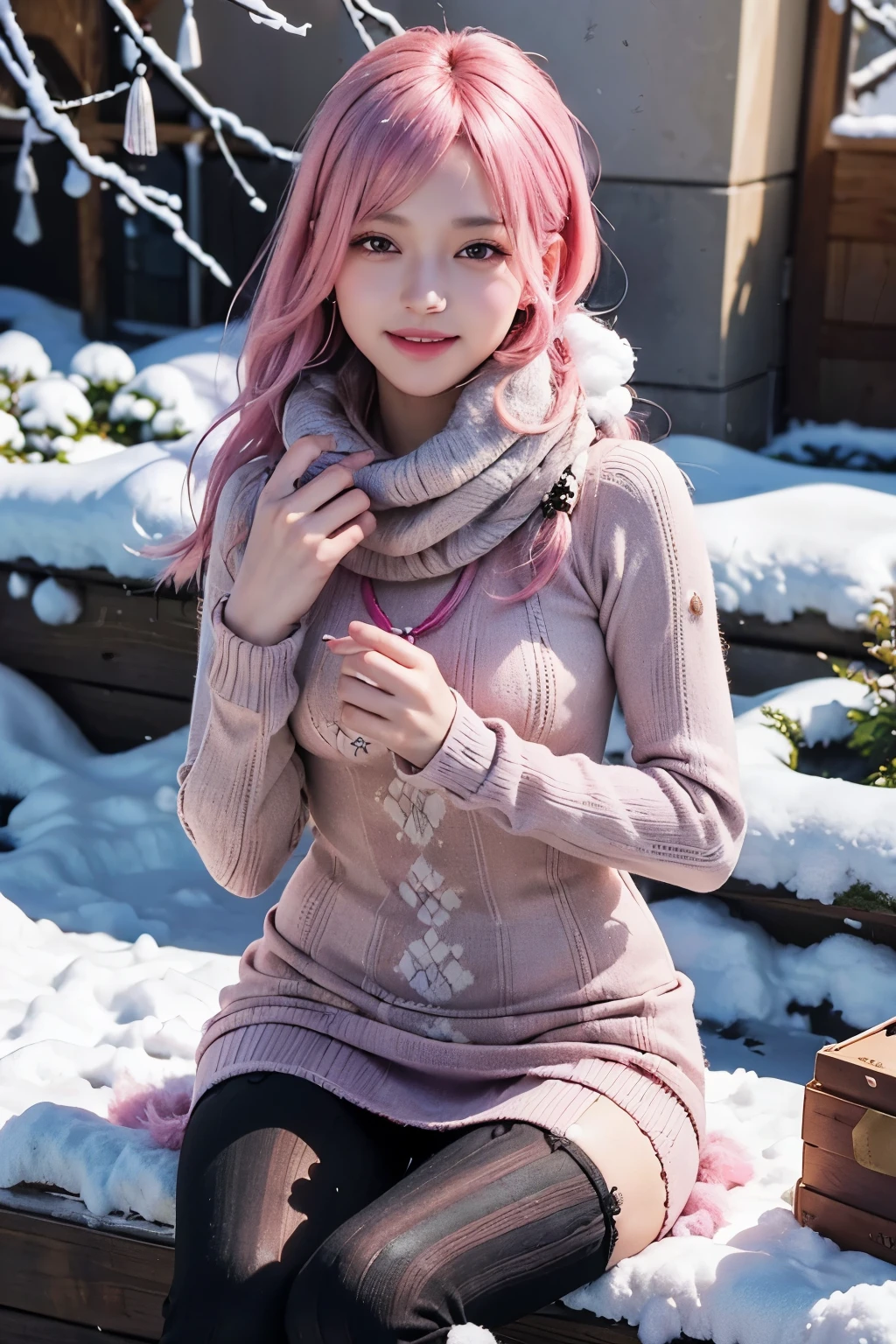 (8K, top-quality, masterpiece:1,2), (reallistic, Photorealsitic:1.37), Super Detail, One girl,), (Highly detailed), (beautifully detailed eyes), (of the highest quality), (super detailed ), (masterpiece), (Detailed face),20yr old, ,1 girl, ((pink hair,Very long hair)), medium breasts, clothed, Perfect Lighting, BREAK (colorful knit pattern:1.3), knit dress, (bodycon silhouette:1.4), fringe, pompom, (black tights:1.2), boots, (beads:1.2), pearl, BREAK smiling gently, holding up fringed scarf with right hand, showing pompom glove with left hand, (snowy scenery:1.3), colorful illumination on trees, illumination light reflecting on face and clothes