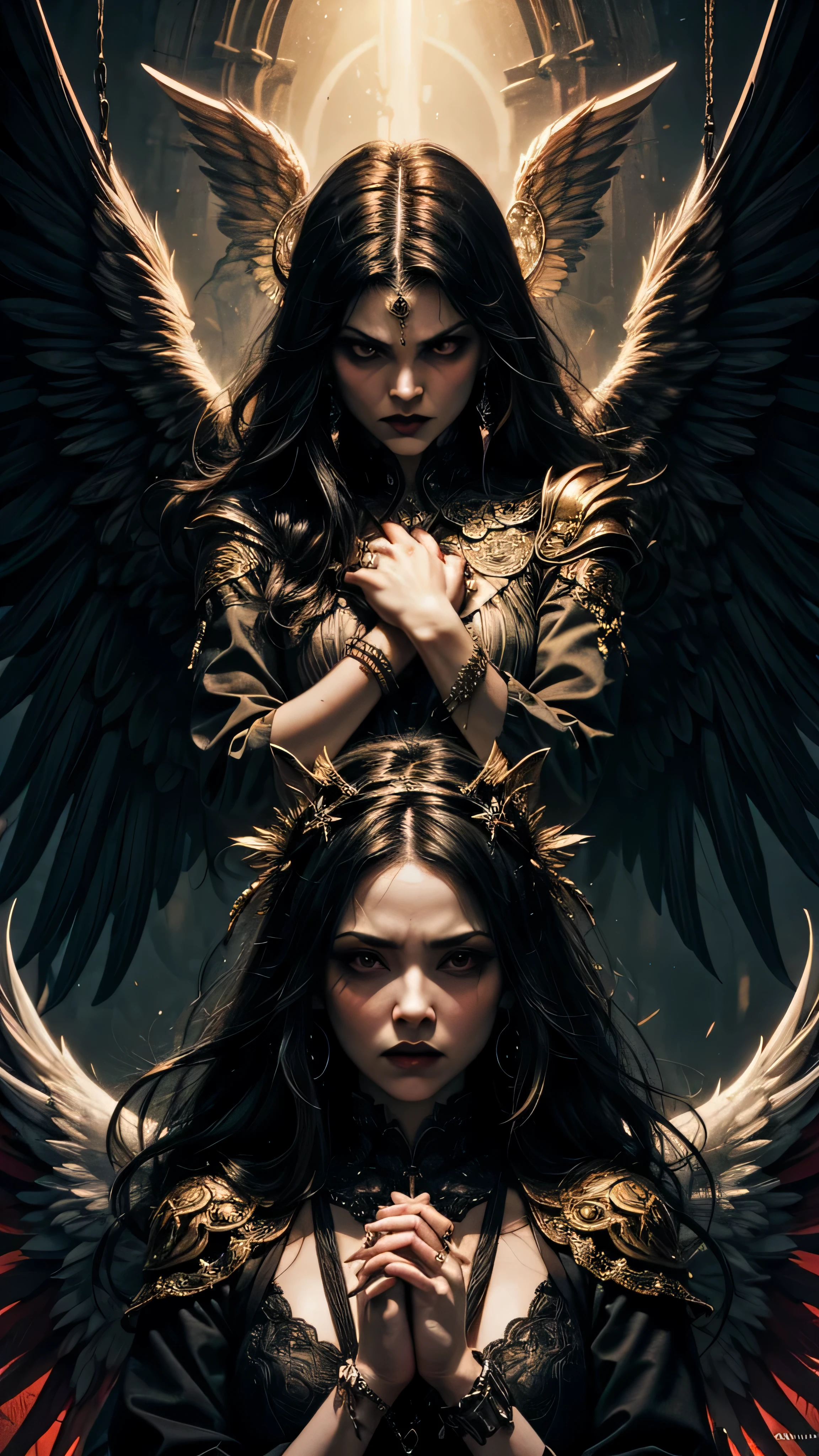 Gothic angel with long black hair,piercing no nariz,brinco longo vermelho,longas asas de anjo,penas afiadas em cada asa,cordas amarradas no corpo,cara de bravo,hands crossed,black underground,detalhado,handmade,Arte Nova