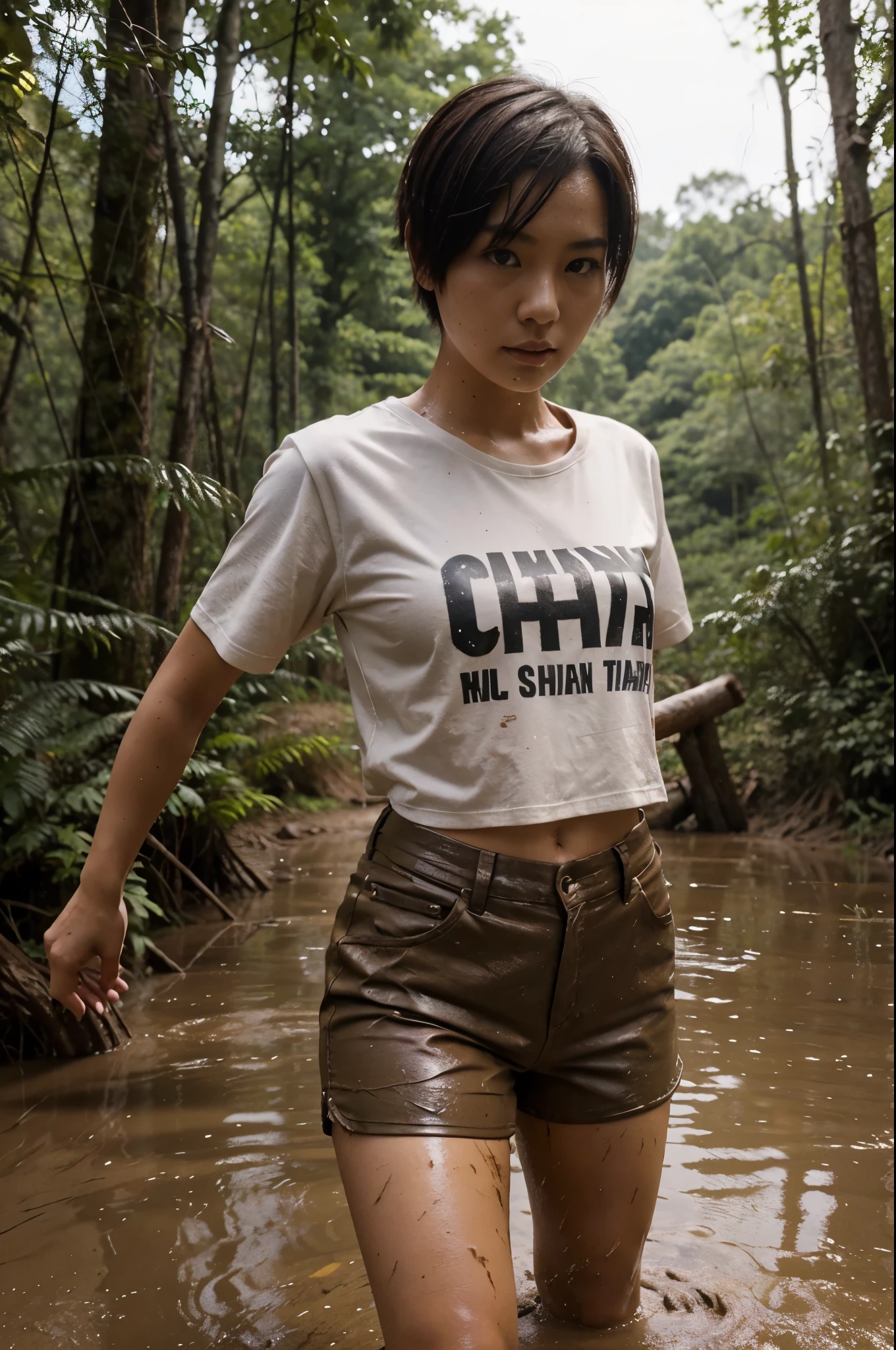 Full figure photo. Pretty Chinese woman with short hair, muddy, wearing T-shirt and shorts, alone, struggles to carry one ten-foot-long log on her back in a muddy forest 