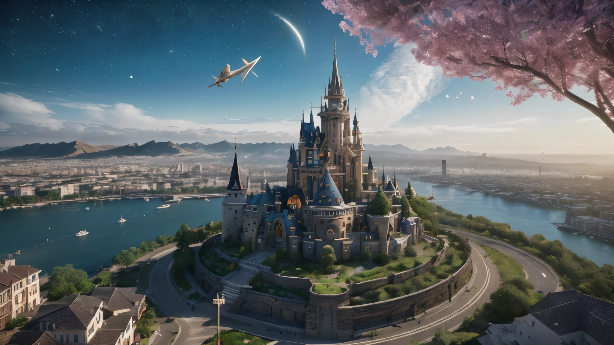 (8k, ARTISTIC photography, best quality, masterpiece: 1.2) ((best quality)), Nijistyle, Dragon descends on village, wings spread, tail on fire, Architecture, a fantasy world, the art and science of designing built environments, serves as a powerful predictor of health within isekai society. advanced castle architecture spread out, Its influence extends beyond aesthetics and functionality, surrounded by village, shaping various aspects of our lives, planets visible in the atmosphere, including economic stability, dragons flying around, the physical environment or neighborhood, education, food, community and societal context, and the healthcare system. Through its intentional design choices, architecture creates and impacts these interconnected elements, ultimately influencing the well - being and health outcomes of individuals and communities. define this idea with imagery. do not show text. create an appealing image typical of those shown on the front page of a world renowned magazine., each with unique architecture and culture, beauty light, Glitchart, 64K, high detail