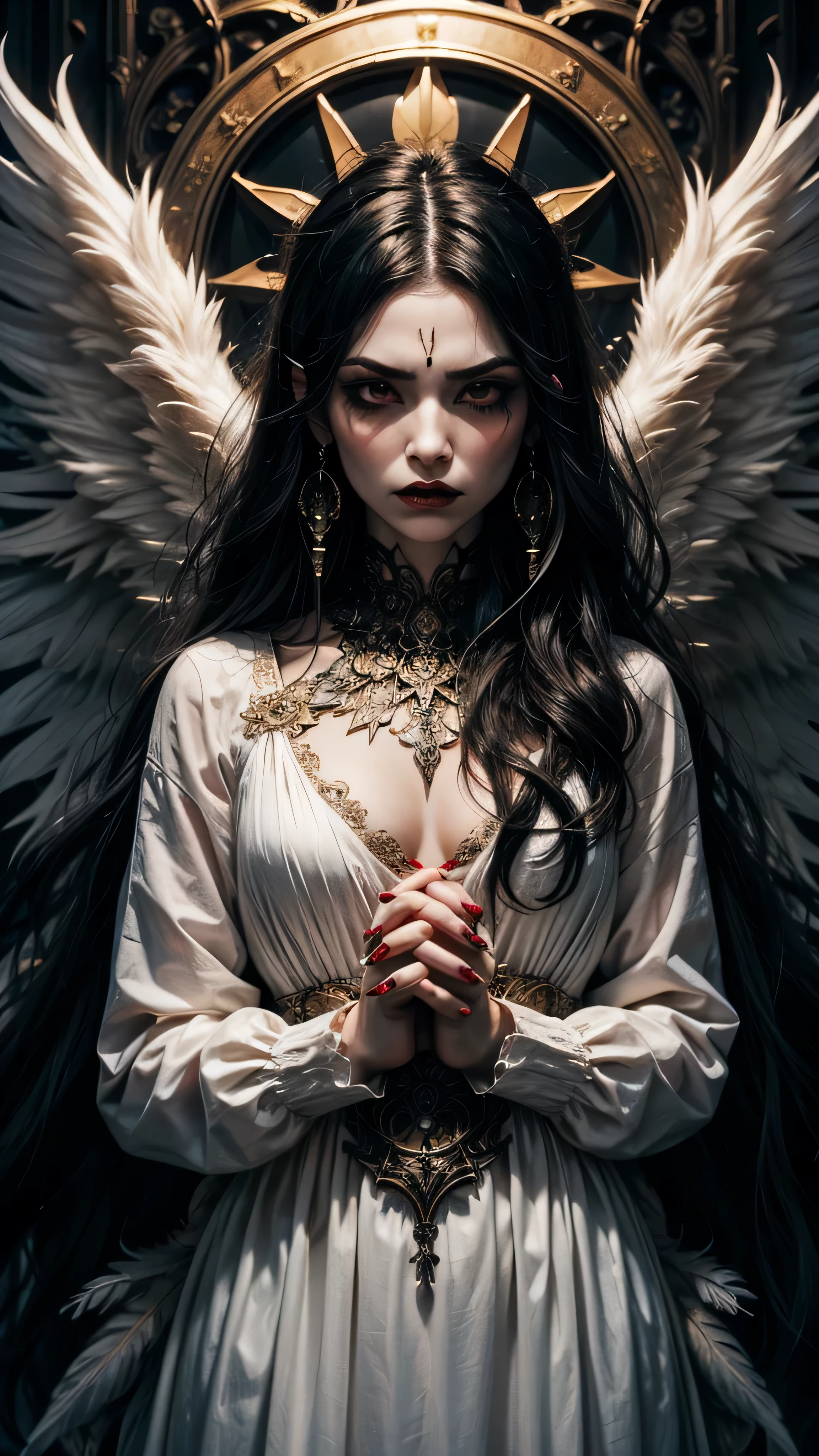 white gothic angel with long black hair,piercing no septo,brinco longo vermelho,Messy makeup,longas asas de anjo,penas afiadas em cada asa,cordas amarradas no corpo,cara de bravo,hands crossed,black underground,detalhado,handmade,Arte Nova