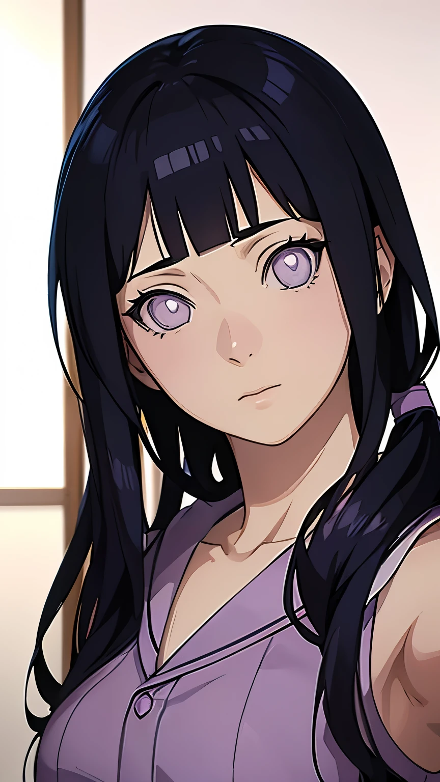anime character, Hinata Hyuga, plain purple pajama, selfie, portrait, bedroom background, realistic light and shadow, natural, very perfect, very detailed 