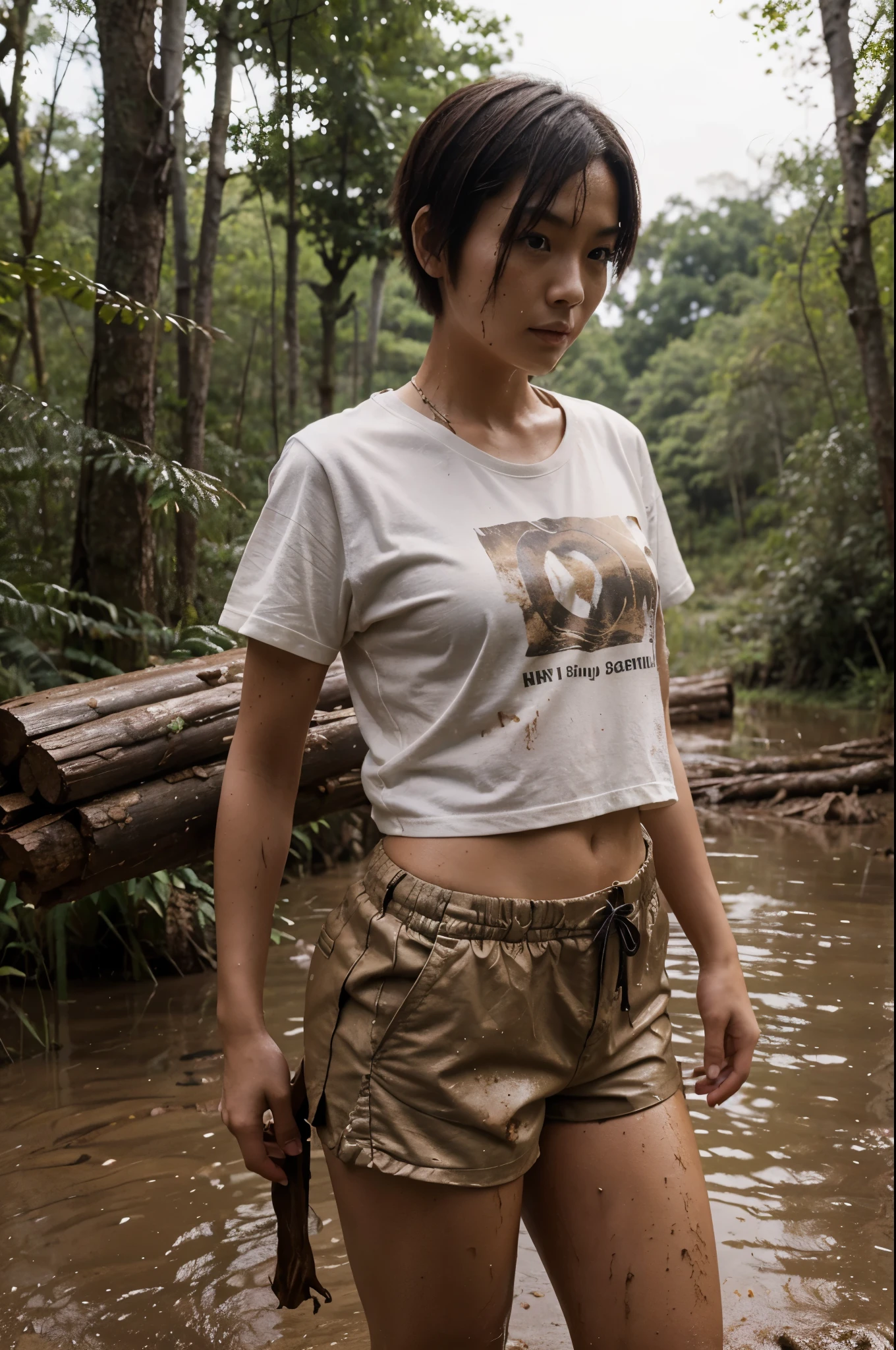 Full figure photo. Pretty Chinese woman with short hair, muddy, wearing T-shirt and shorts, alone, carrying one ten-foot-long log on her back in a muddy forest