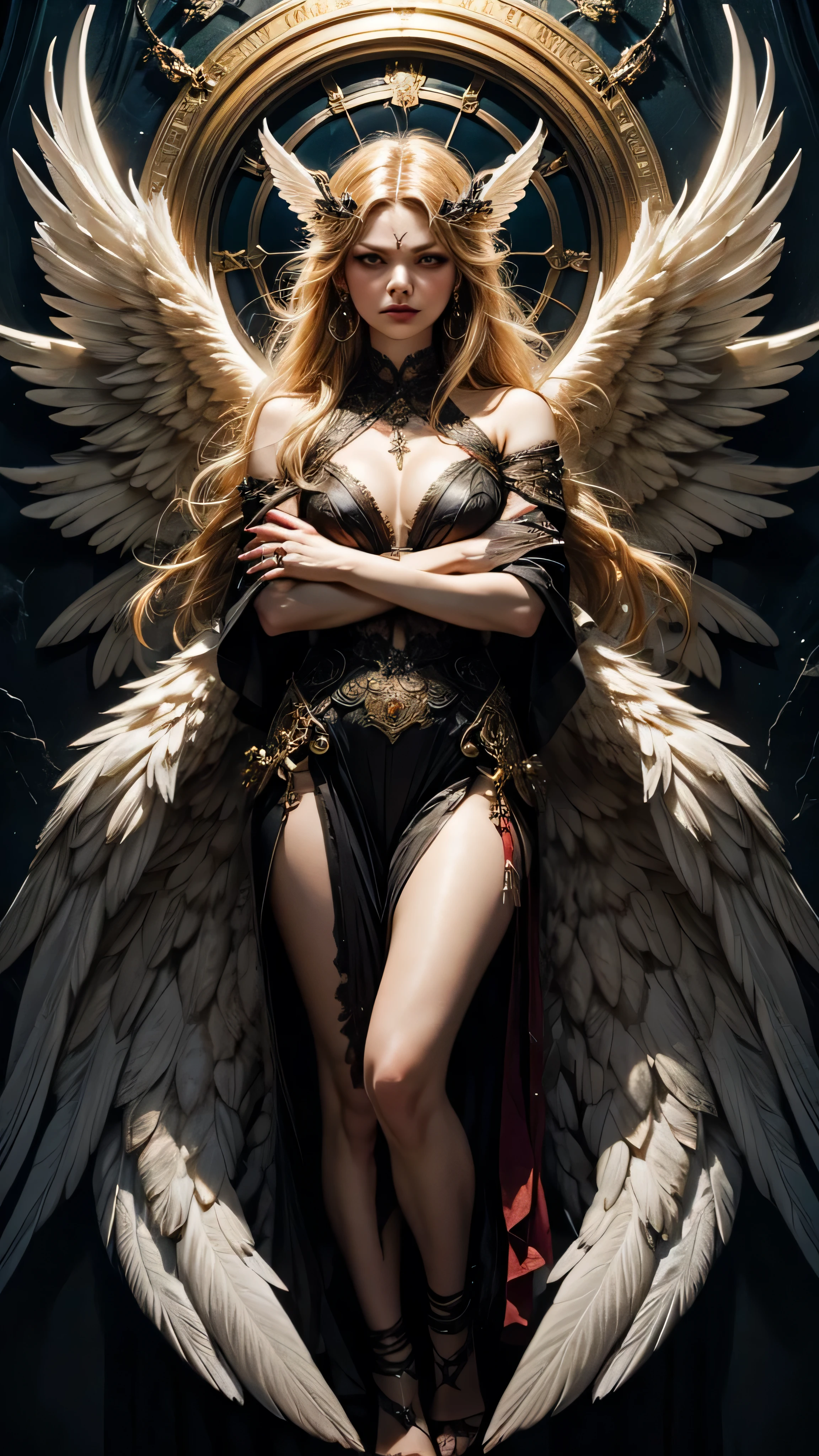 anjo branco com longos cabelos loiros,piercing,brinco longo vermelho,Messy makeup,longas asas de anjo,penas afiadas em cada asa,cordas amarradas no corpo,cara de bravo,hands crossed,black underground,detalhado,handmade,Arte Nova