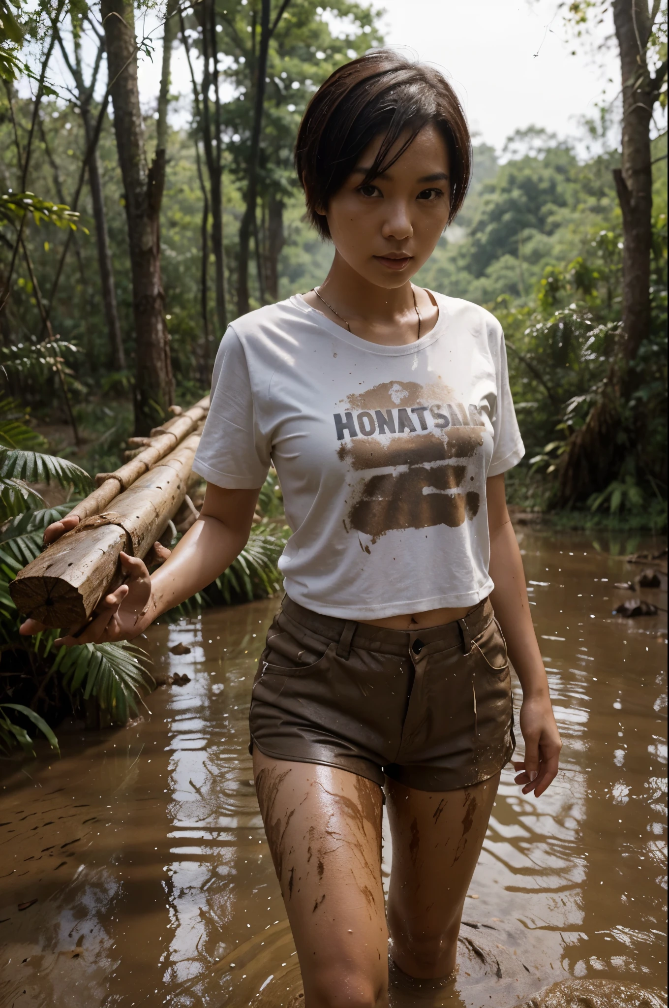 Full figure photo. Pretty Chinese woman with short hair, muddy, wearing T-shirt and shorts, alone, carrying one ten-foot-long log on her shoulders in a muddy forest
