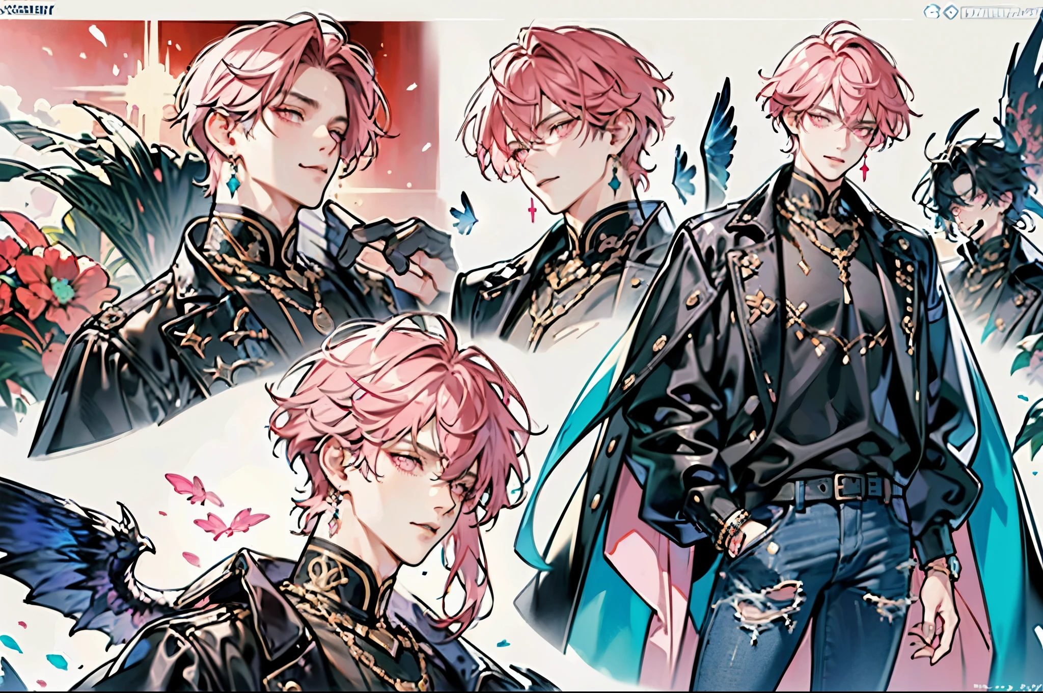 (absurdres, highres, ultra detailed), 1 male, adult, handsome, tall muscular guy, broad shoulders, finely detailed eyes, neon hair, holographic, black jacket, intense run, Character OC design, the same person multi-angle painting, multi-angle painting, the theme color is pink, (Male characters:1.2),(Boy:1.2), ((Character design)),(Different expressions for the same character:0.8),Pubic area is clear, hyper HD, Exquisite, (4K works))、masterpiece、(top-quality)、((Black cityscape background))、Korean Male、Adult male、((Adult 50 years old))、((Adult uncle type))、((Leather Jeans Style))、((Face similar to Hyunjin))、Cool Men、tall、((Wild features))、((Wild look))、((angry expressions))、、((Smaller face))、Full body、full height, clothing reference, beautiful clothes, full-length character on the left, on the right the same character with different emotions, character reference, full-length example of clothes, (masutepiece), (Best Quality), Highly detailed, 1 boy, Solo Focus,Perfect face, Beautiful face, extra detailed face,(Pink hair short:1.3),(Pink eyes:1.3),florals,butterflys々,floralsびら,optic,kirakira,a smile